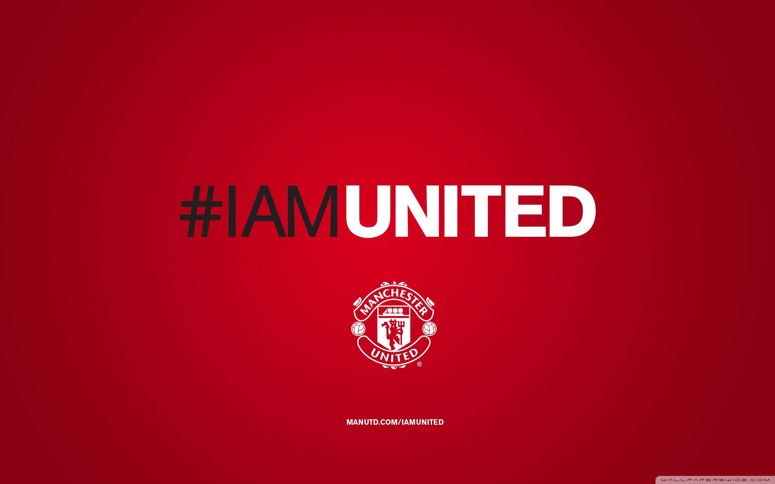 Manchester United, white and black text, solid red background, 2K Desktop Wallpaper
