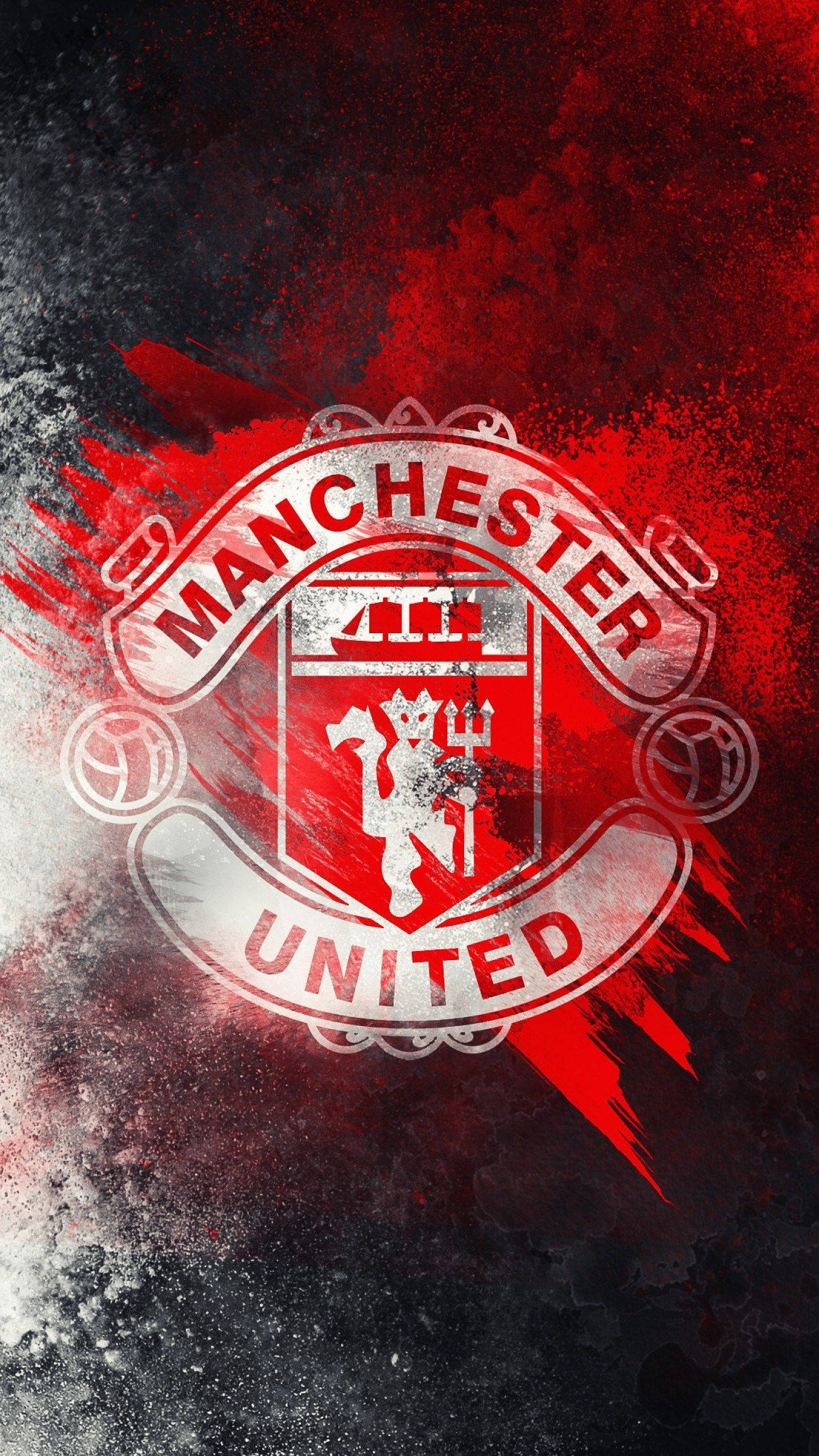 Manchester United crest, red and black splatter background, spray paint, Full HD Phone Wallpaper