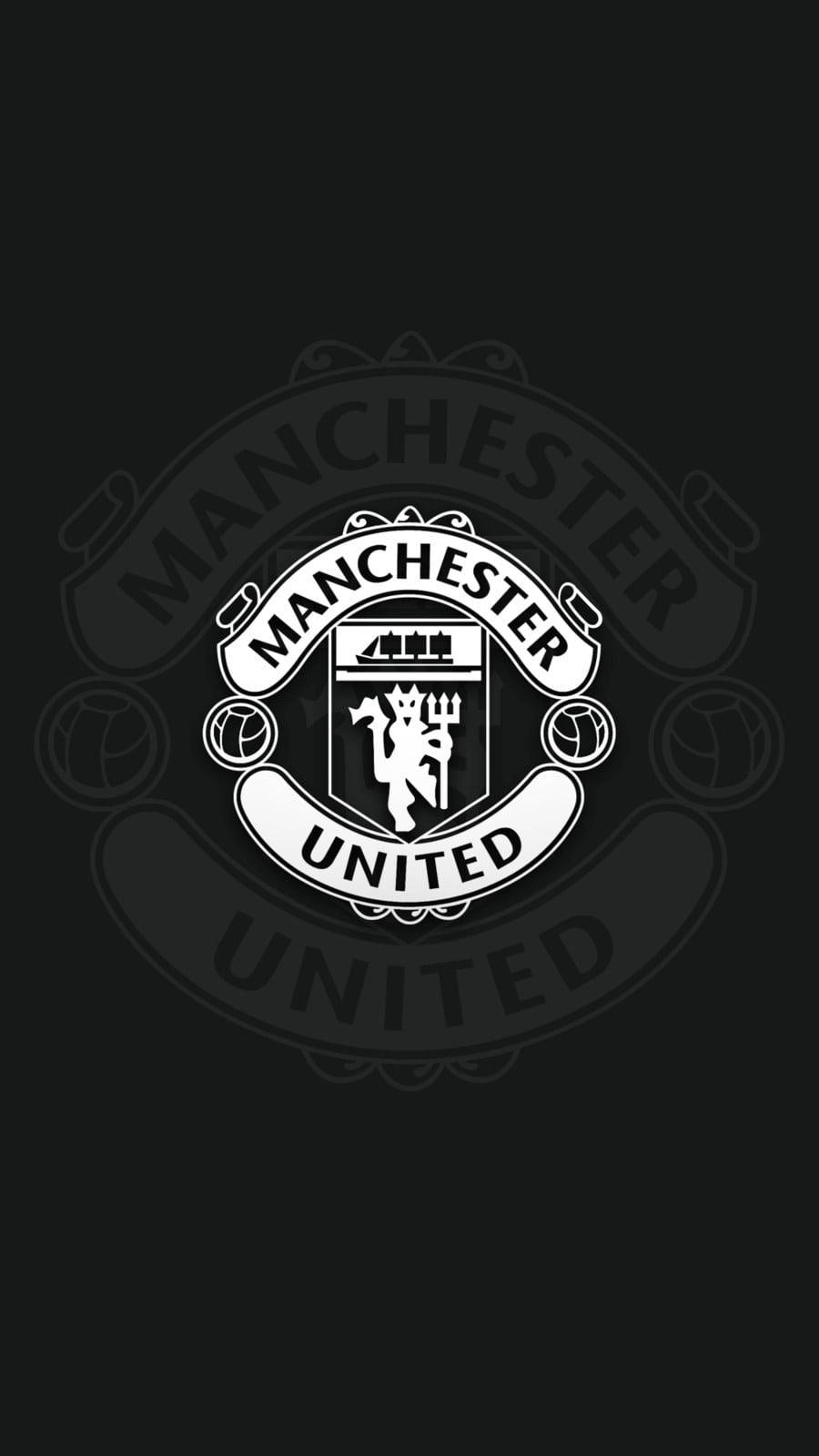 Manchester United, white Manchester United crest, solid black background, HD Phone Wallpaper