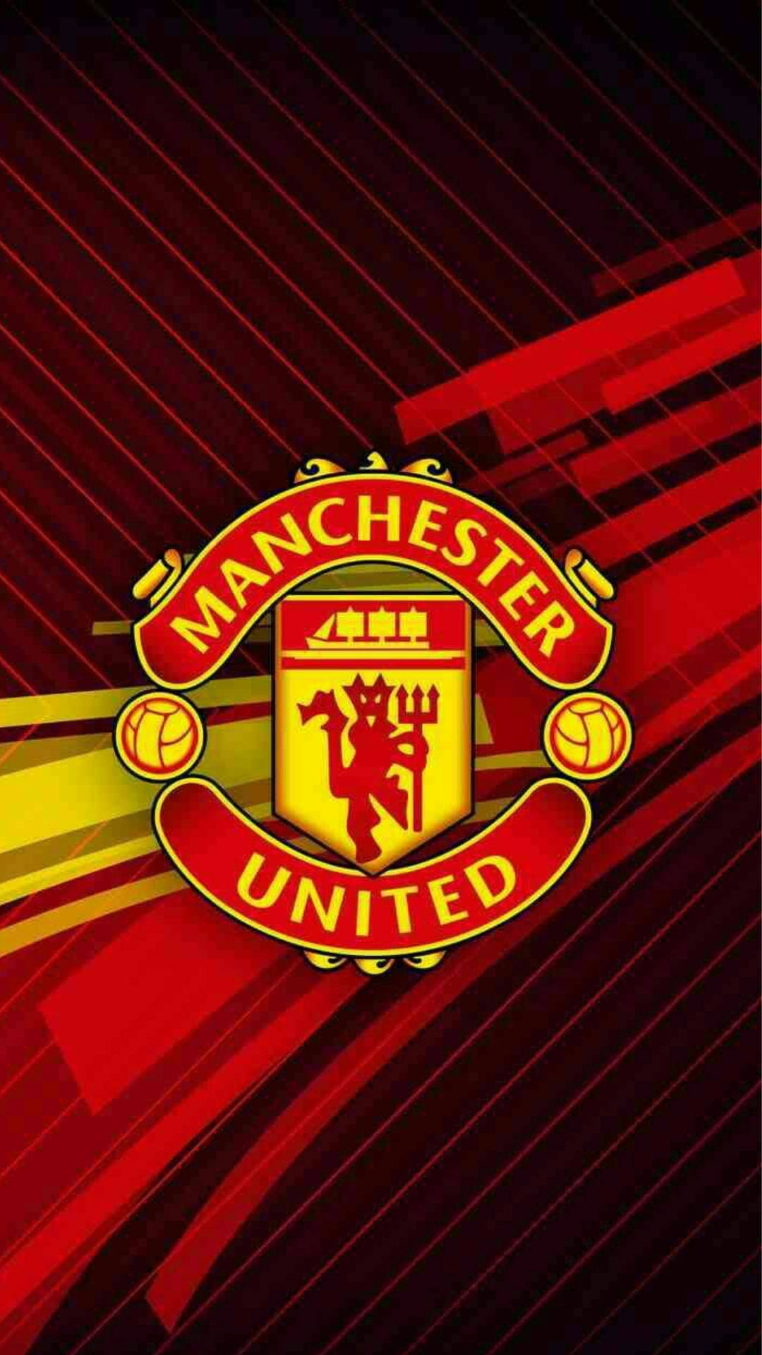 Manchester United, red and black diagonal striped background, Manchester United crest, Full HD Phone Wallpaper