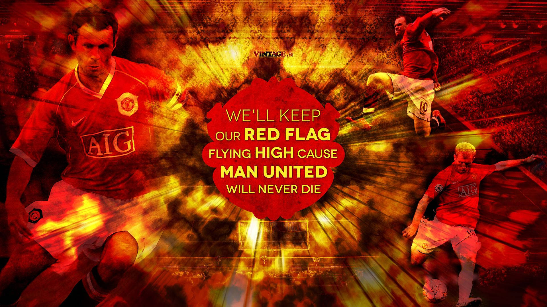 Manchester United, red kits, fiery golden background, Full HD Desktop Wallpaper
