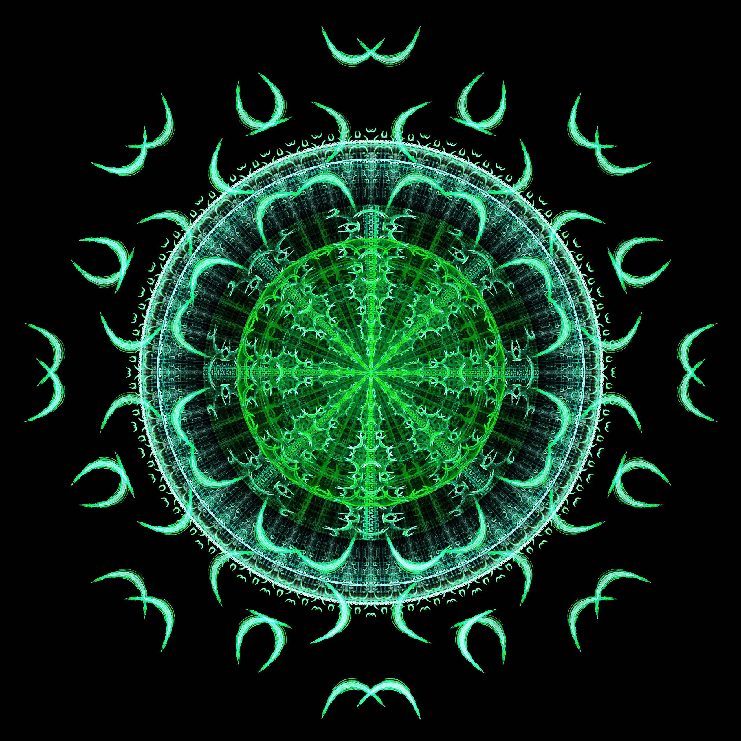 mandala, fractal, glowing green, 2K Desktop Wallpaper