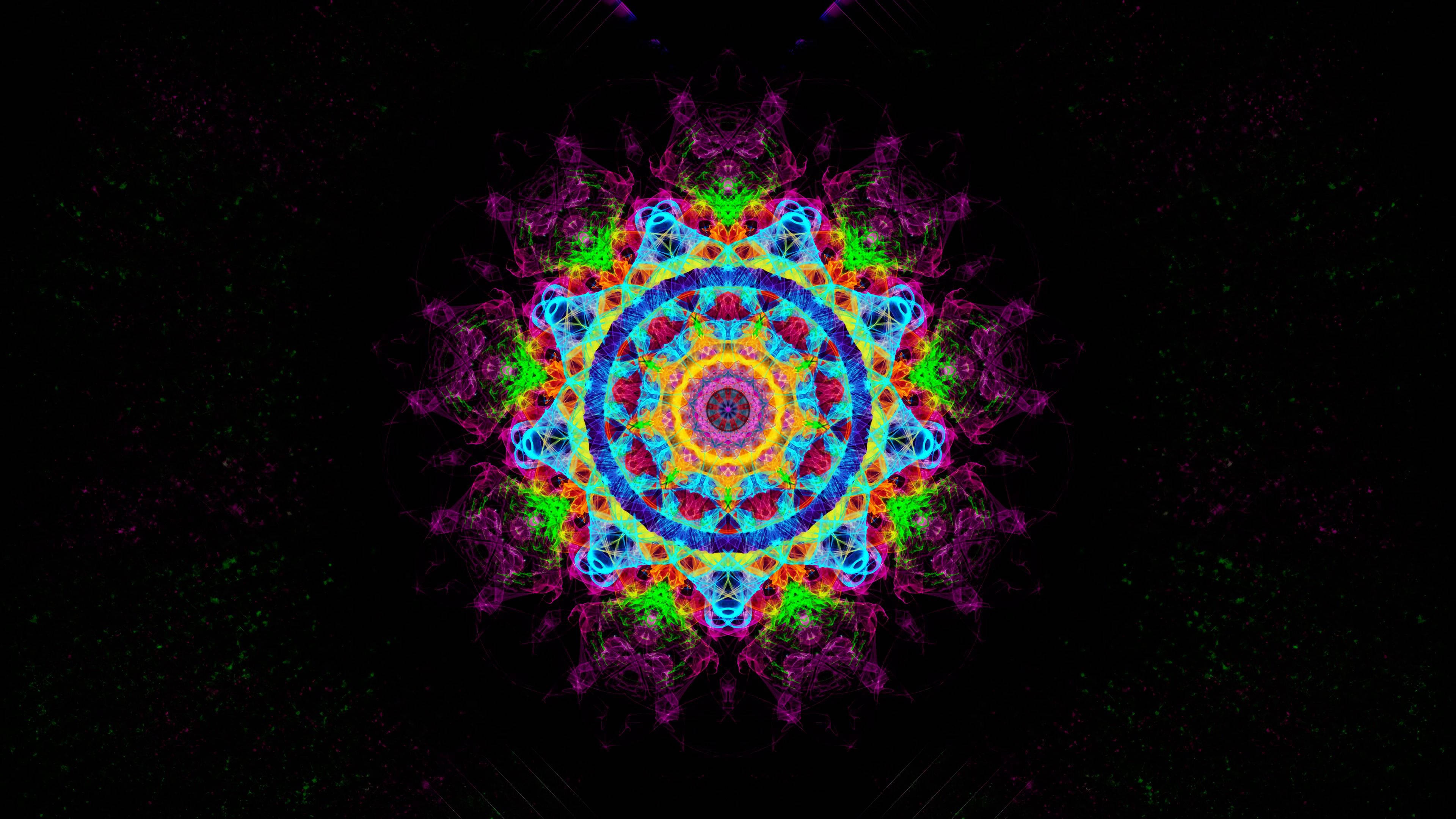 Mandala, neon mandala, glowing blue green and purple fractal patterns, 4K Desktop Wallpaper