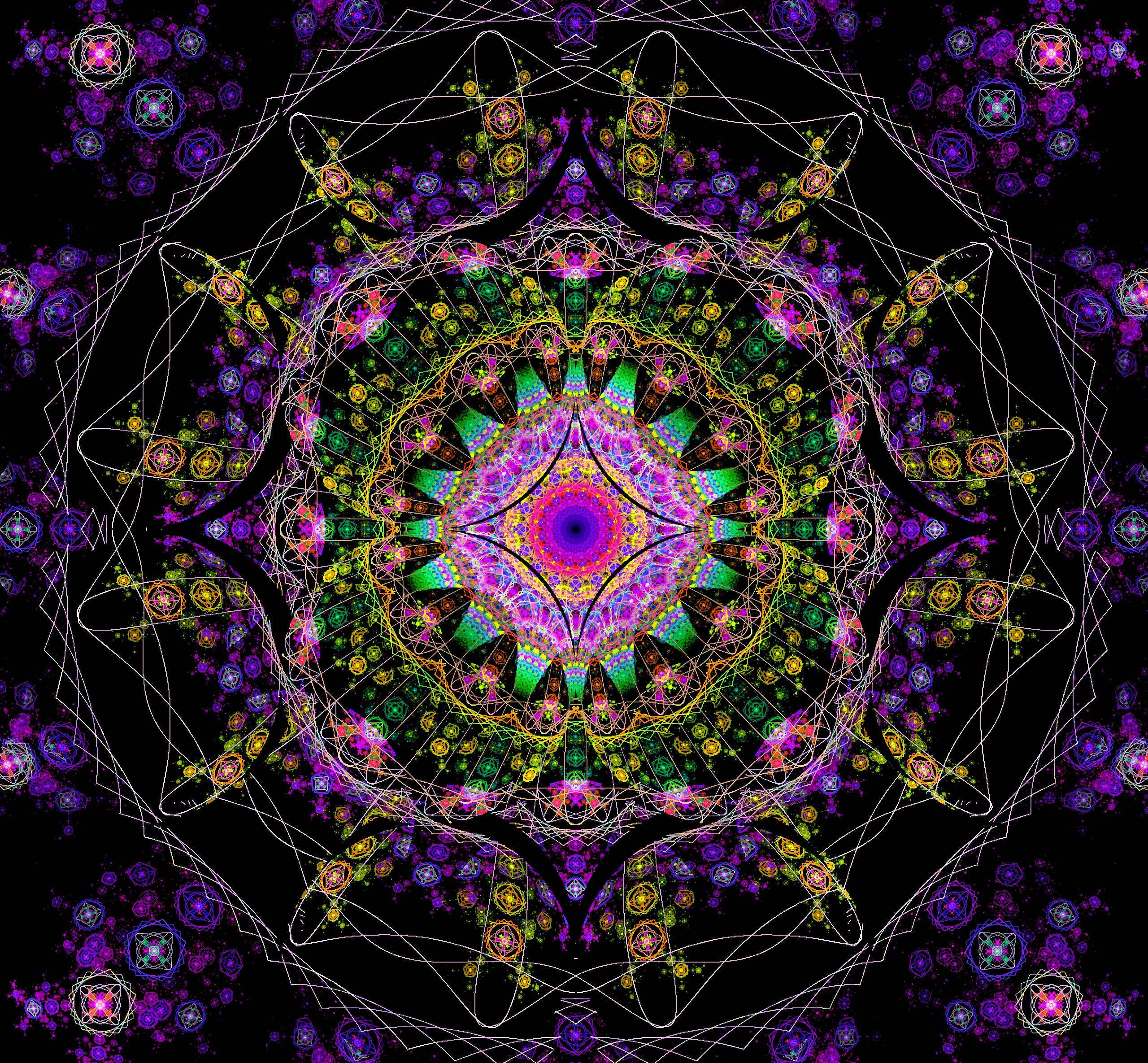 Mandala, neon greens, purples, 2K Desktop Wallpaper