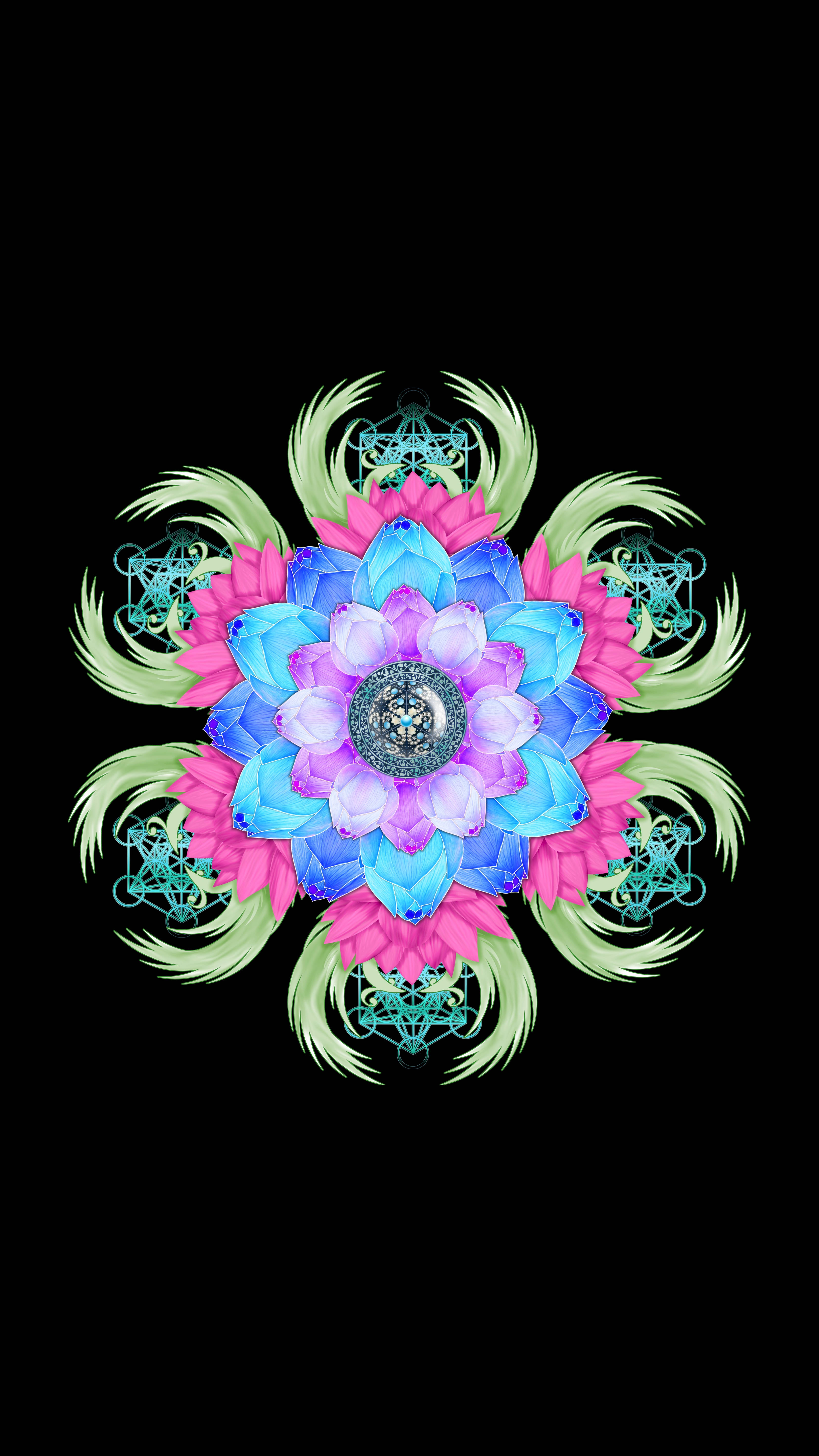 mandala, glowing blue, pink, 5K Phone Wallpaper