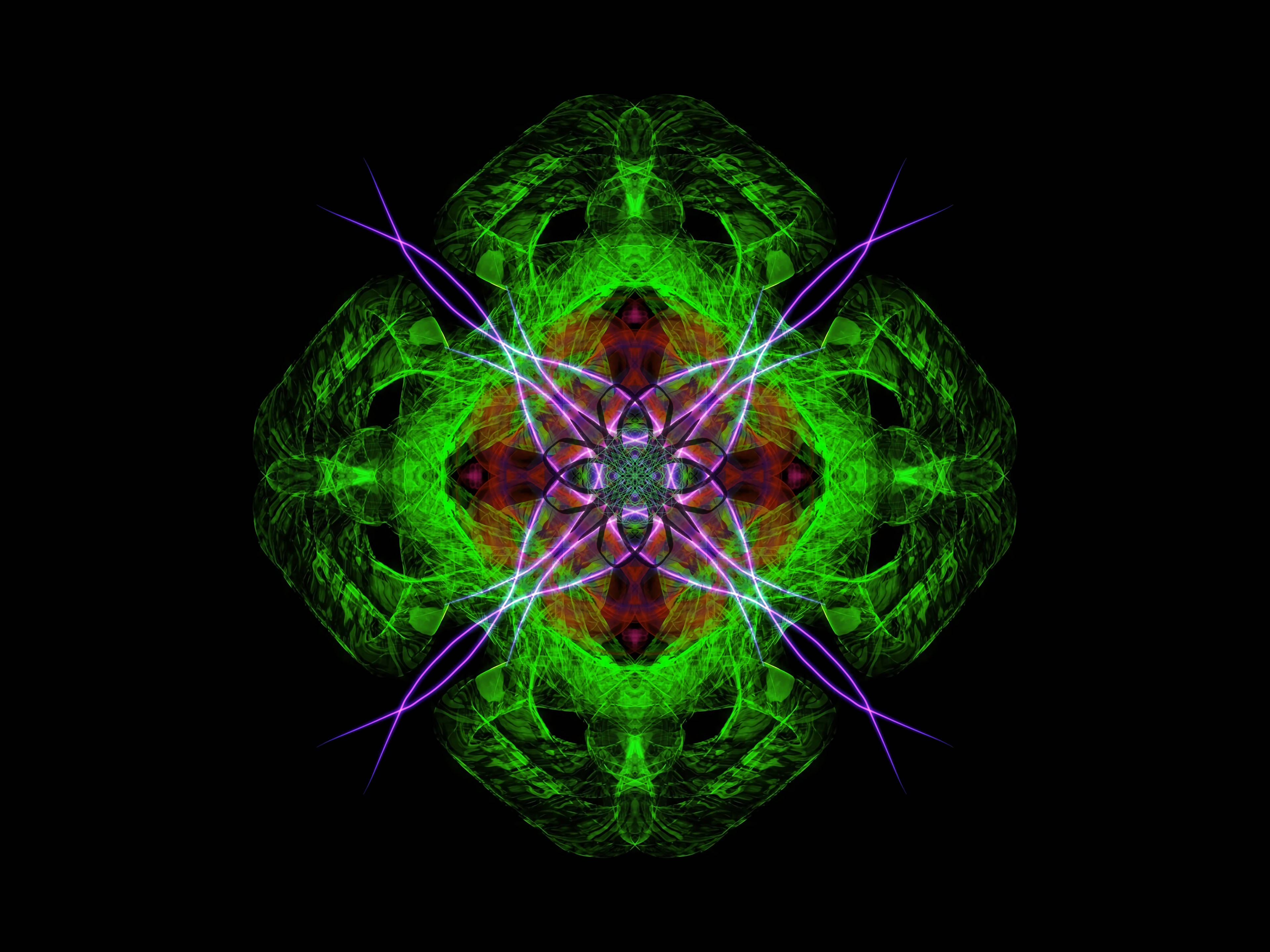 mandala, fractal pattern, glowing green, 4K Desktop Wallpaper