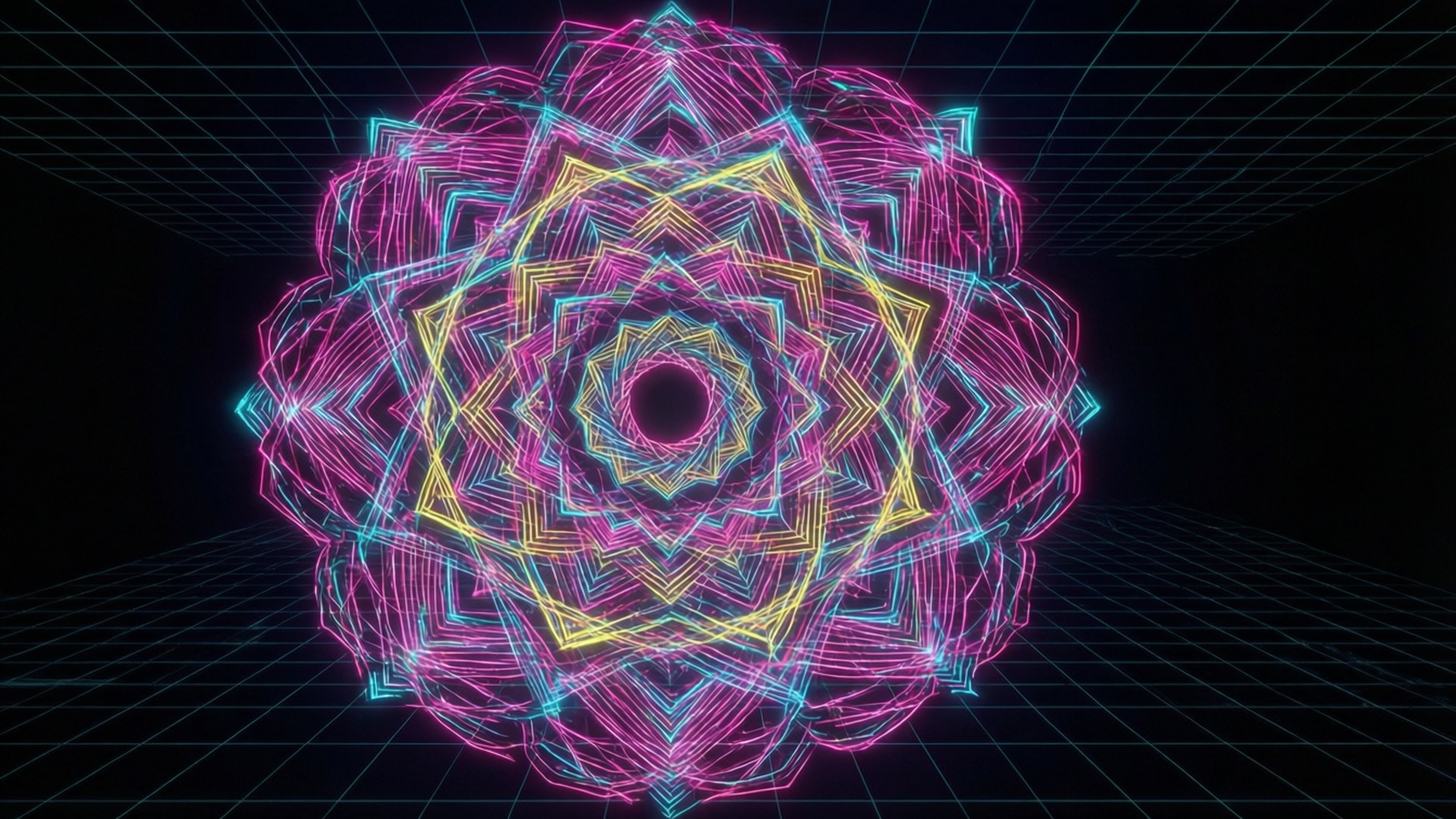 cyberpunk, neon, geometric mandala, Full HD Desktop Wallpaper