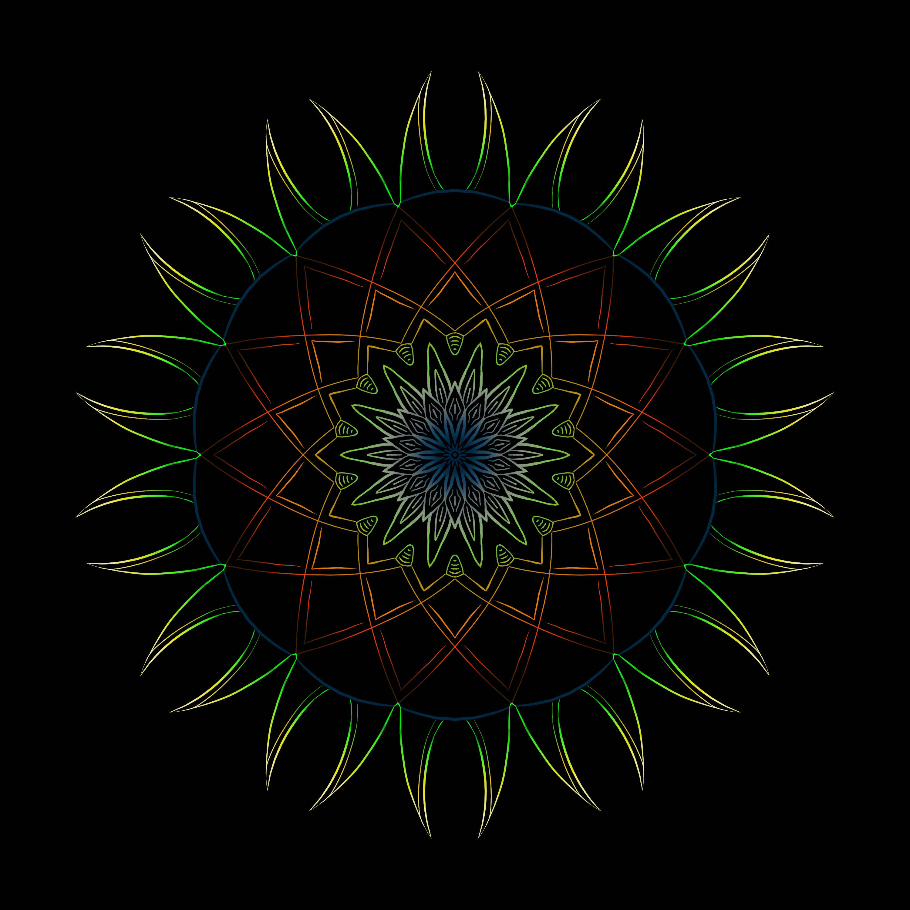 mandala, geometric mandala, glowing rainbow spikes, 2K Desktop Wallpaper