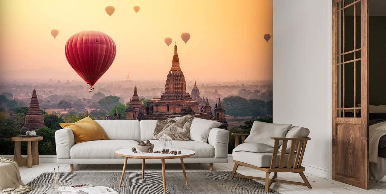 Mandalay Hill, hot air balloons, ancient pagodas, HD Desktop Wallpaper