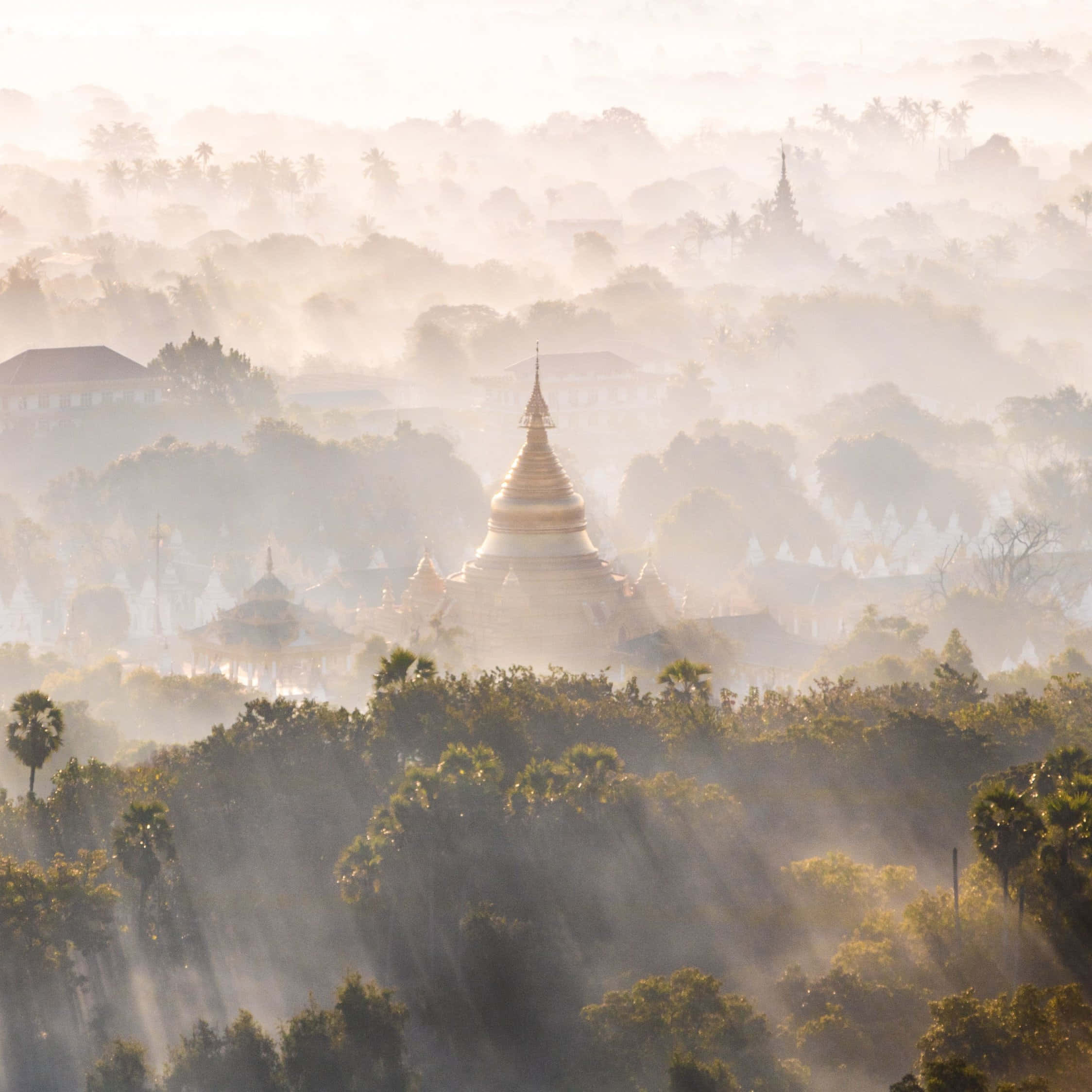 Mandalay Hill, golden pagoda, misty dawn, Full HD Desktop Wallpaper