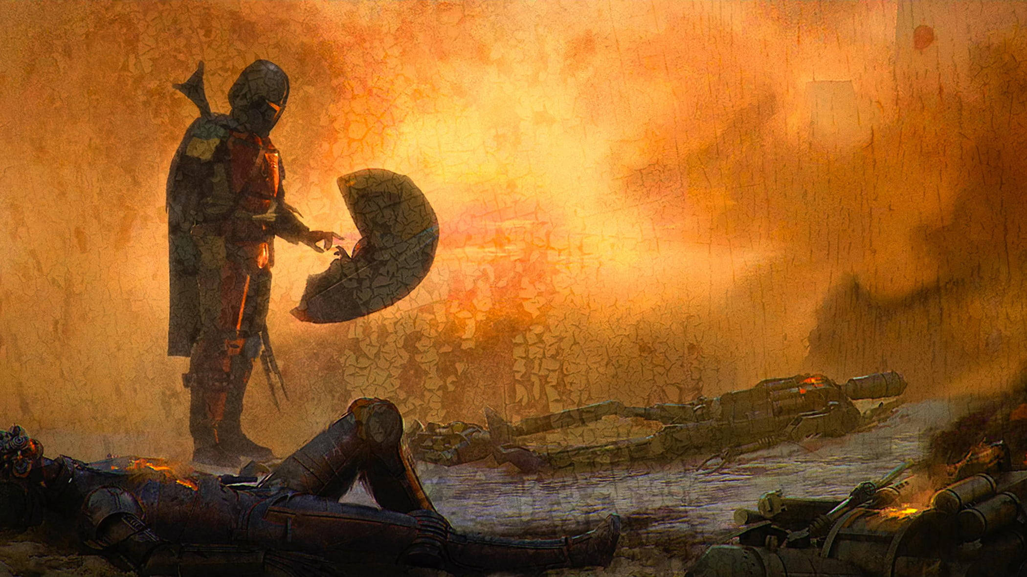 Mandalorian, Baby Yoda, fiery battlefield, Full HD Desktop Wallpaper