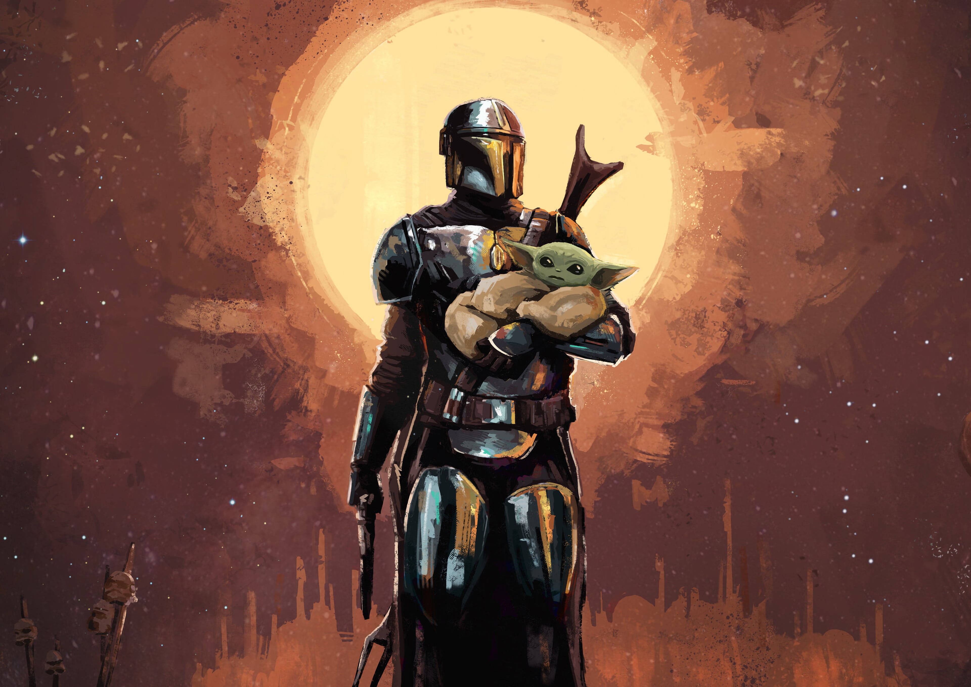 Mandalorian, Baby Yoda, glowing orange sun, 4K Desktop Wallpaper