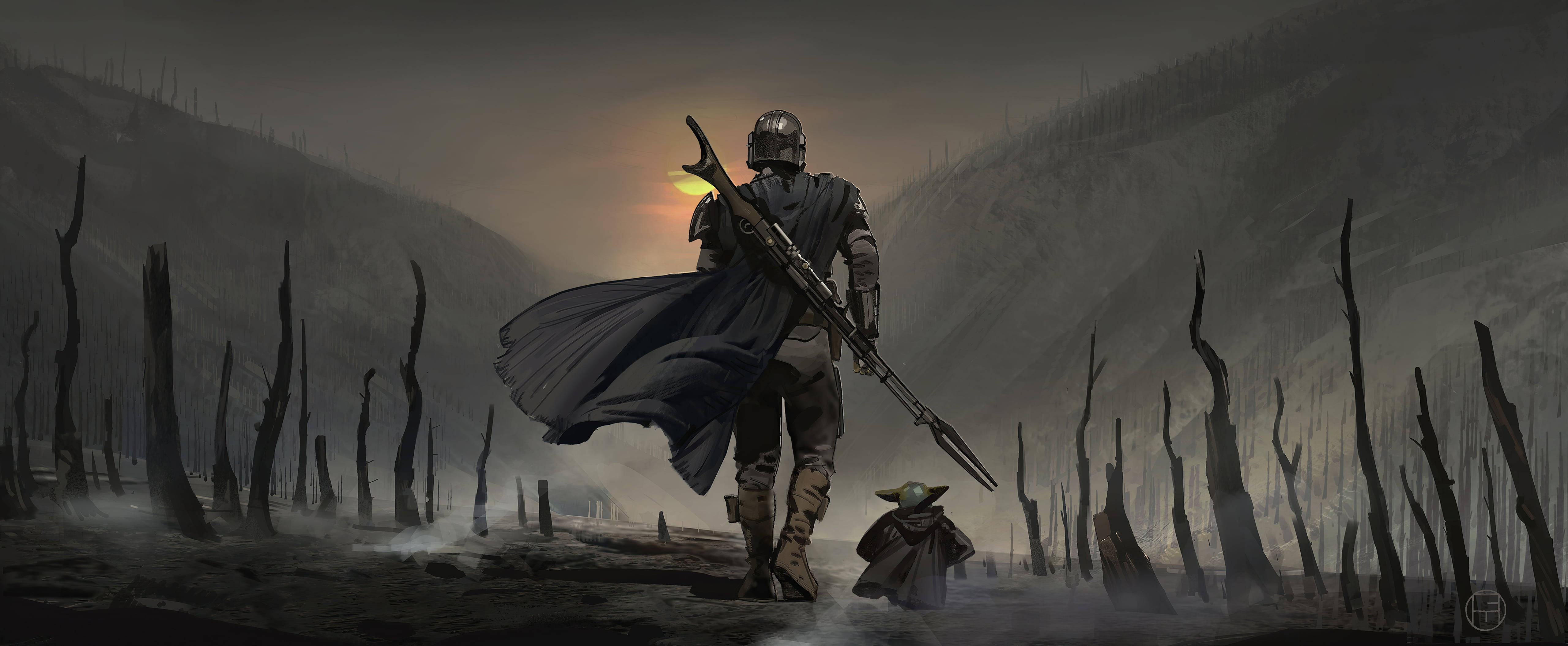 Mandalorian, Baby Yoda, glowing weapon, 5K Desktop Wallpaper