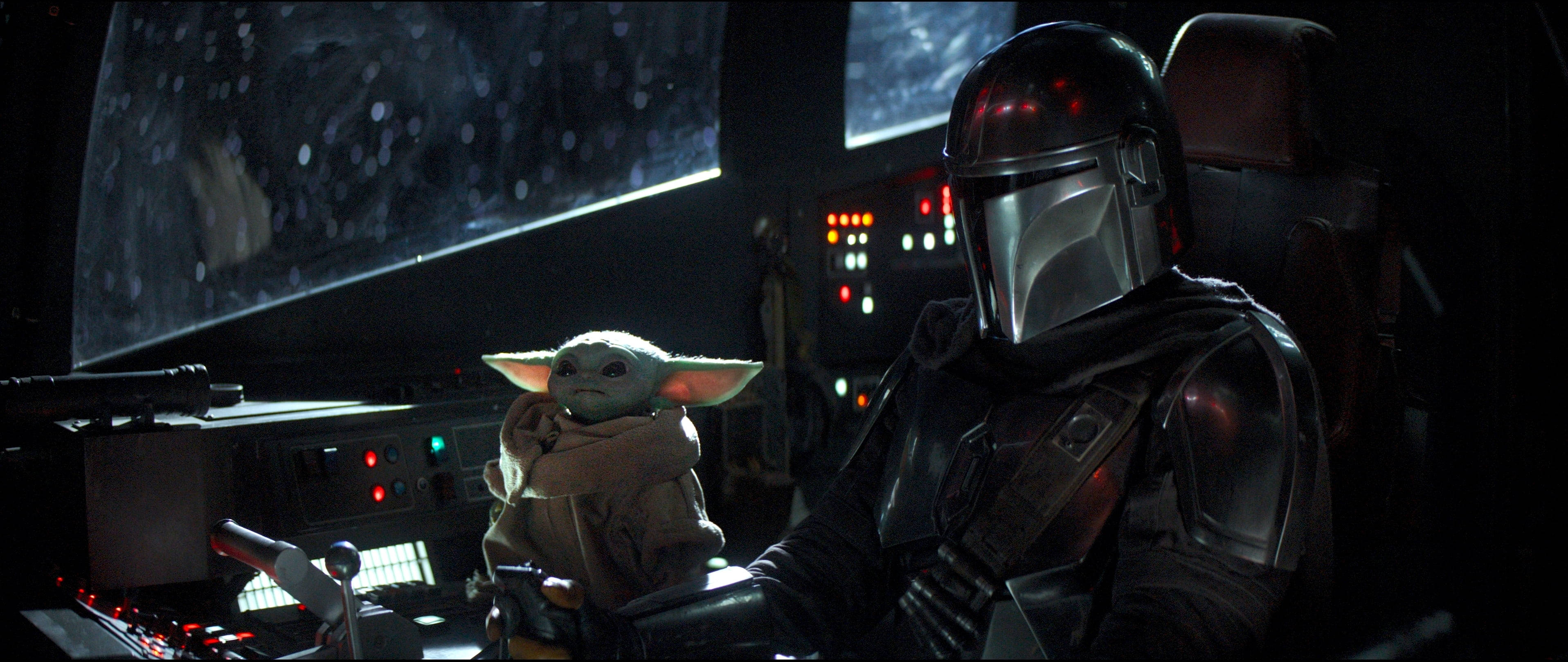 Mandalorian, Baby Yoda, dim cockpit, 2K Desktop Wallpaper
