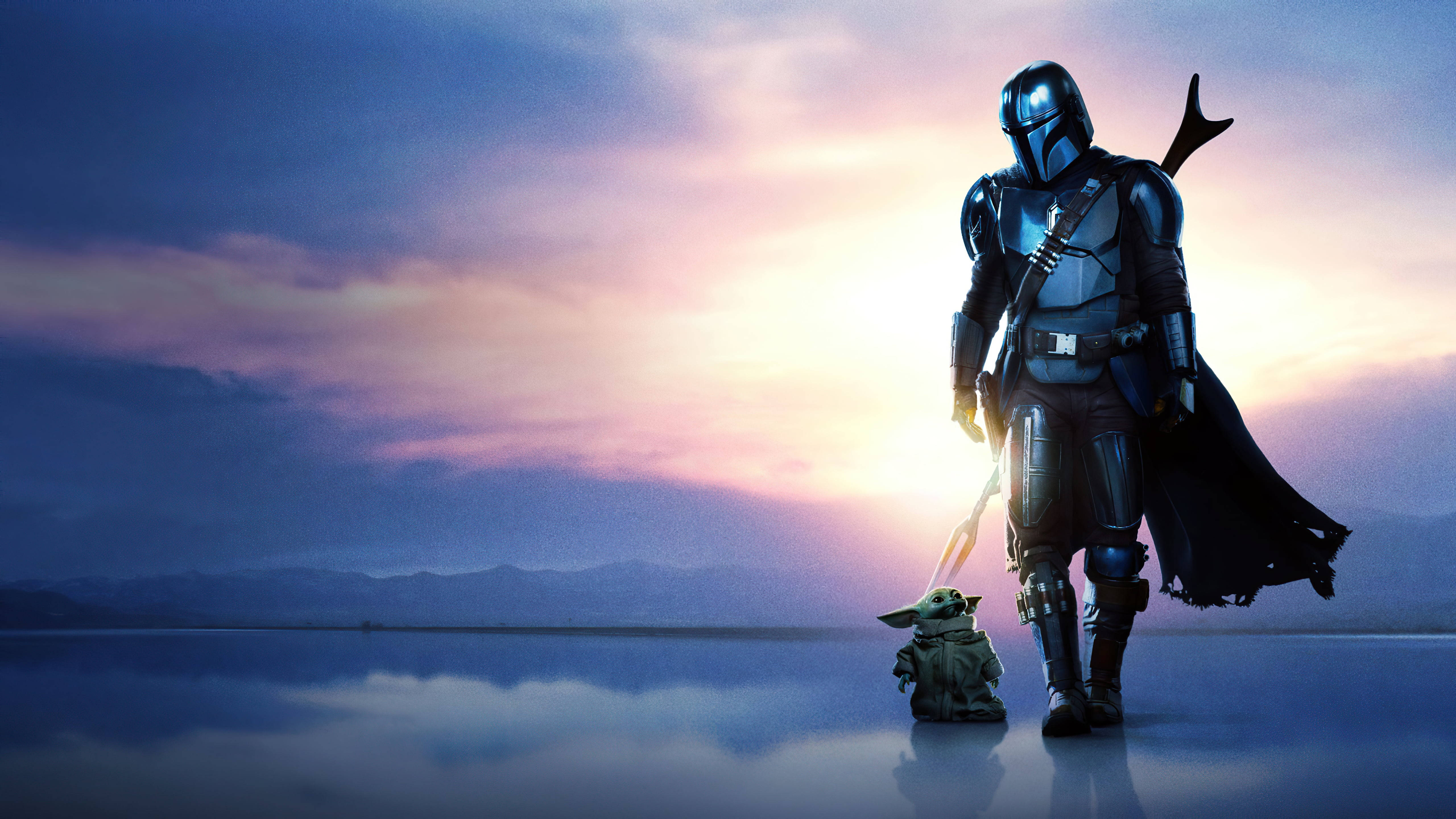 Mandalorian, Baby Yoda, glowing sunset, 5K Desktop Wallpaper