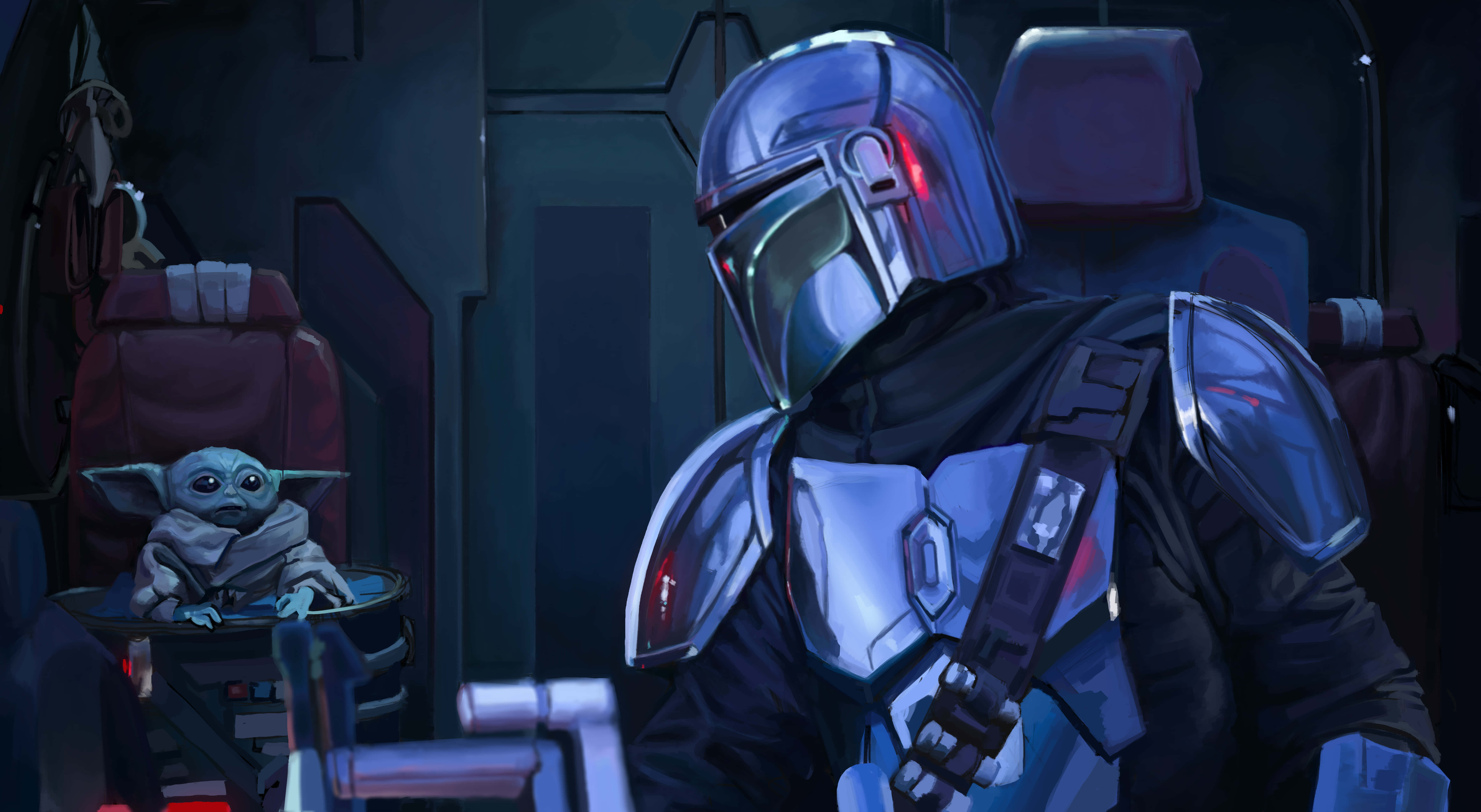 Mandalorian, Baby Yoda, silver armor, 5K Desktop Wallpaper