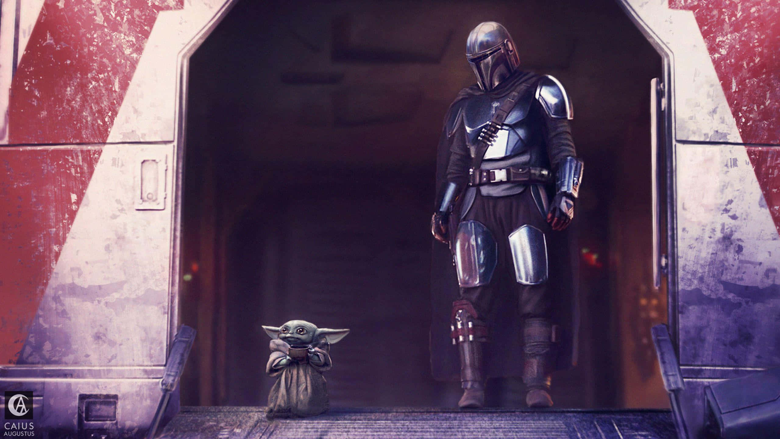Mandalorian, green child, spaceship doorway, 2K Desktop Wallpaper
