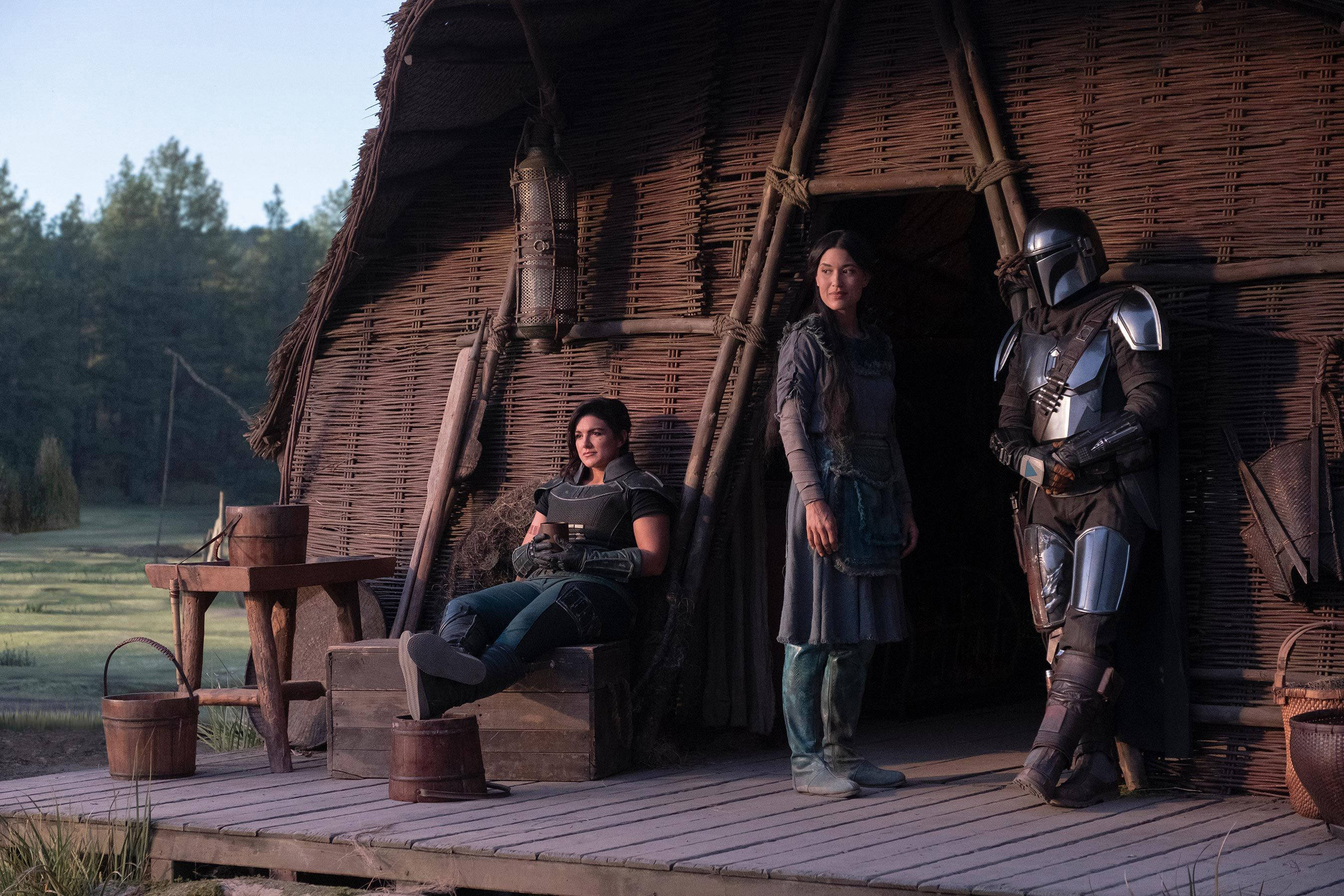 The Mandalorian, rustic woven hut, wooden porch, 2K Desktop Wallpaper