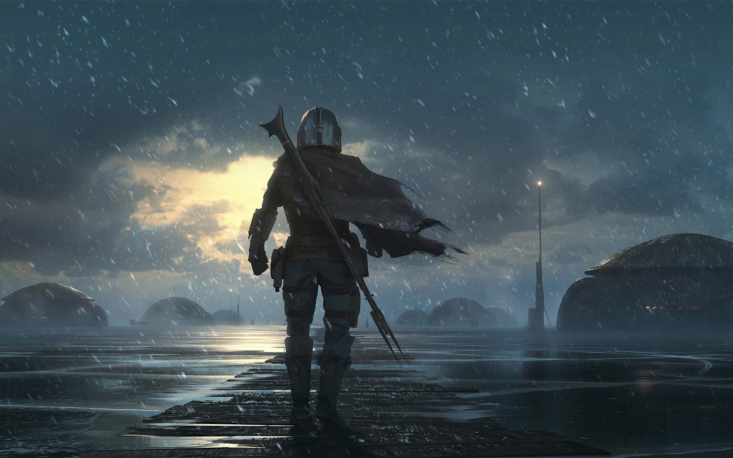 Mandalorian, stormy sky, glowing clouds, 2K Desktop Wallpaper