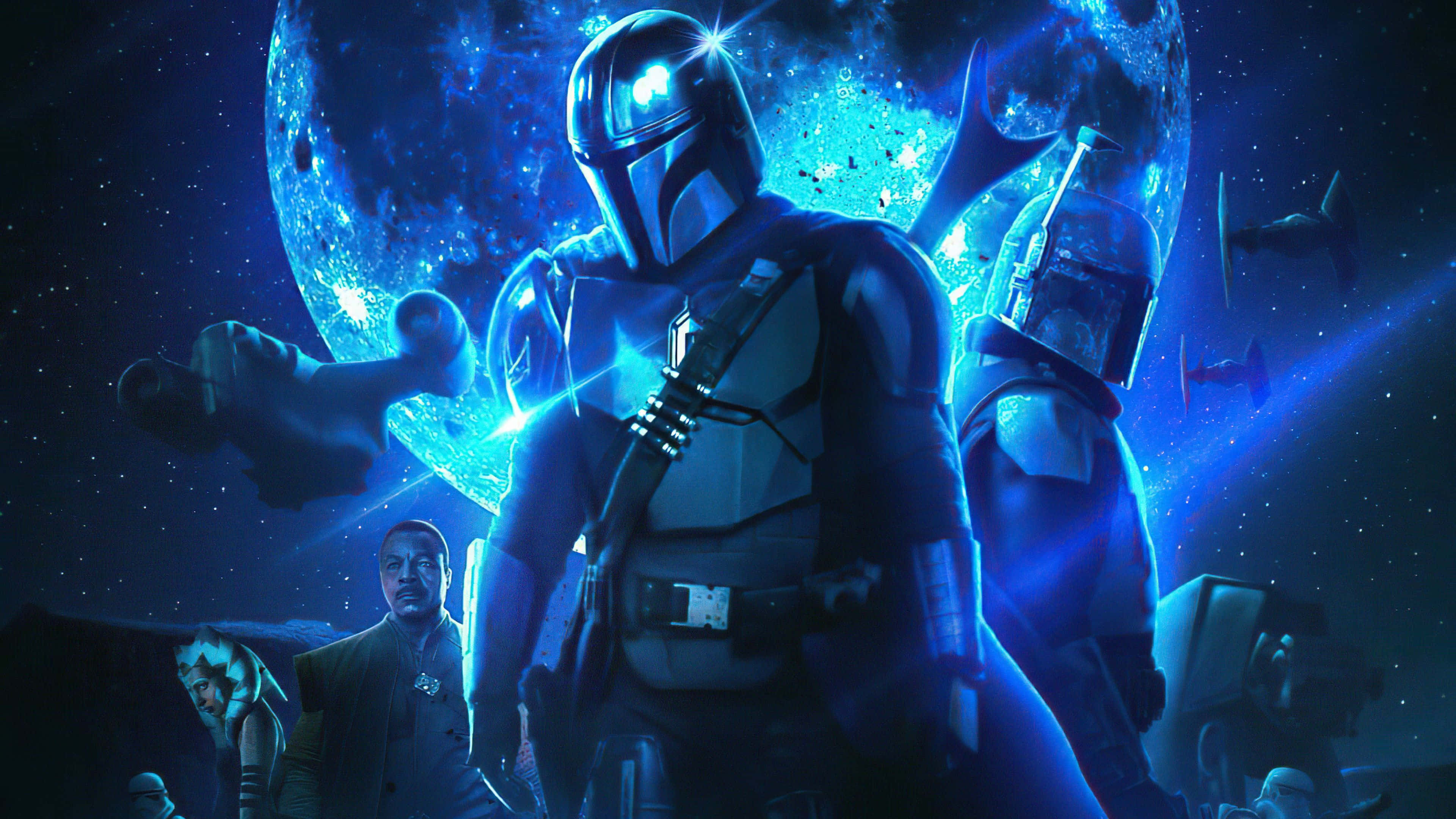 Mandalorian Season 3, glowing blue moon, starships, 4K Desktop Wallpaper