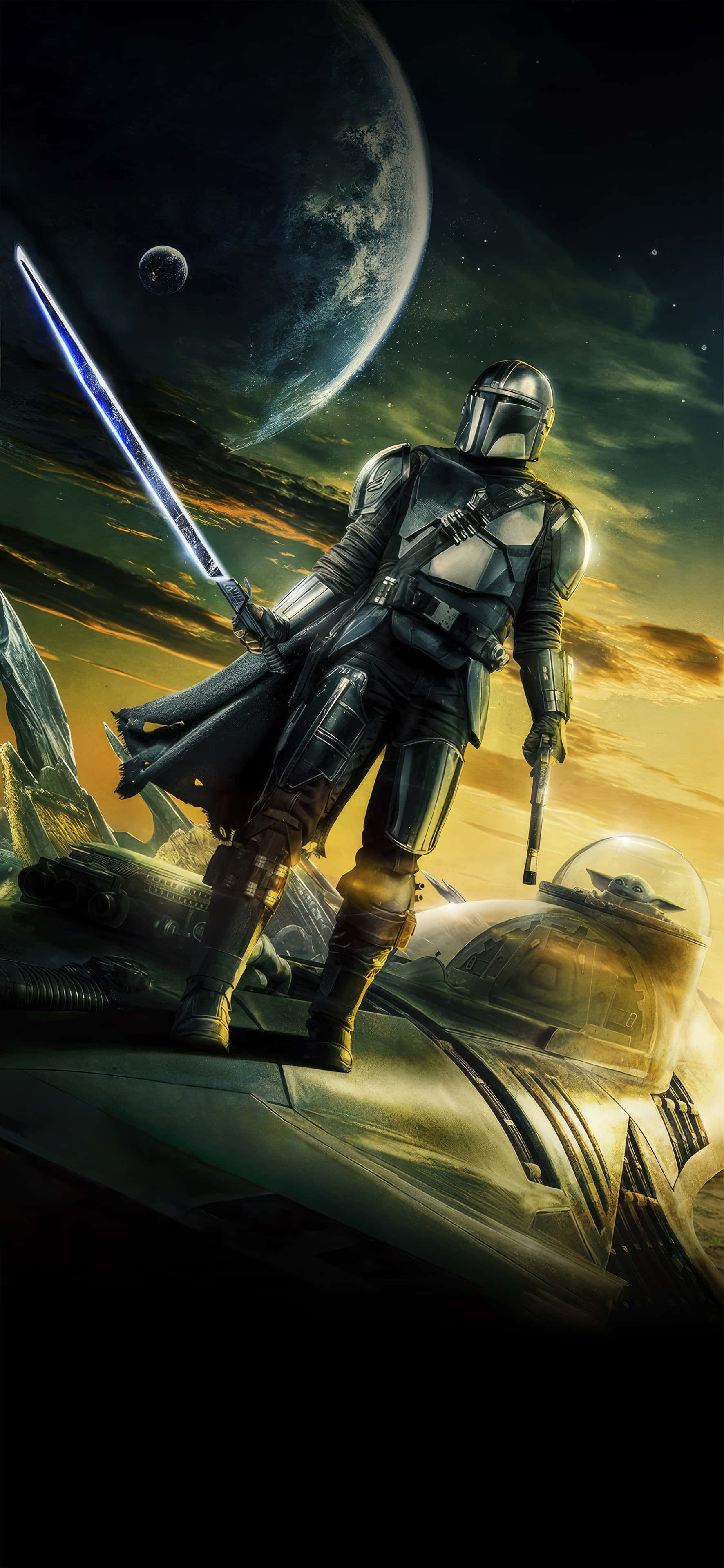Mandalorian Season 3, blue lightsaber, spaceship, 2K Phone Wallpaper