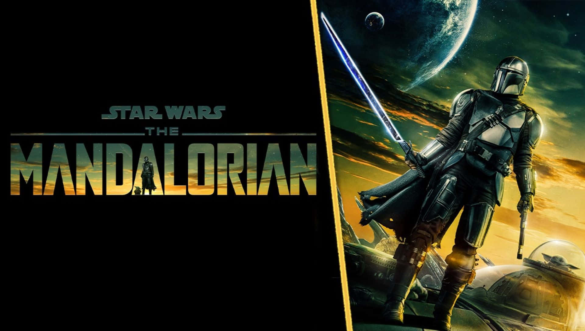 Mandalorian Season 3, blue lightsaber, sunset sky, Full HD Desktop Wallpaper