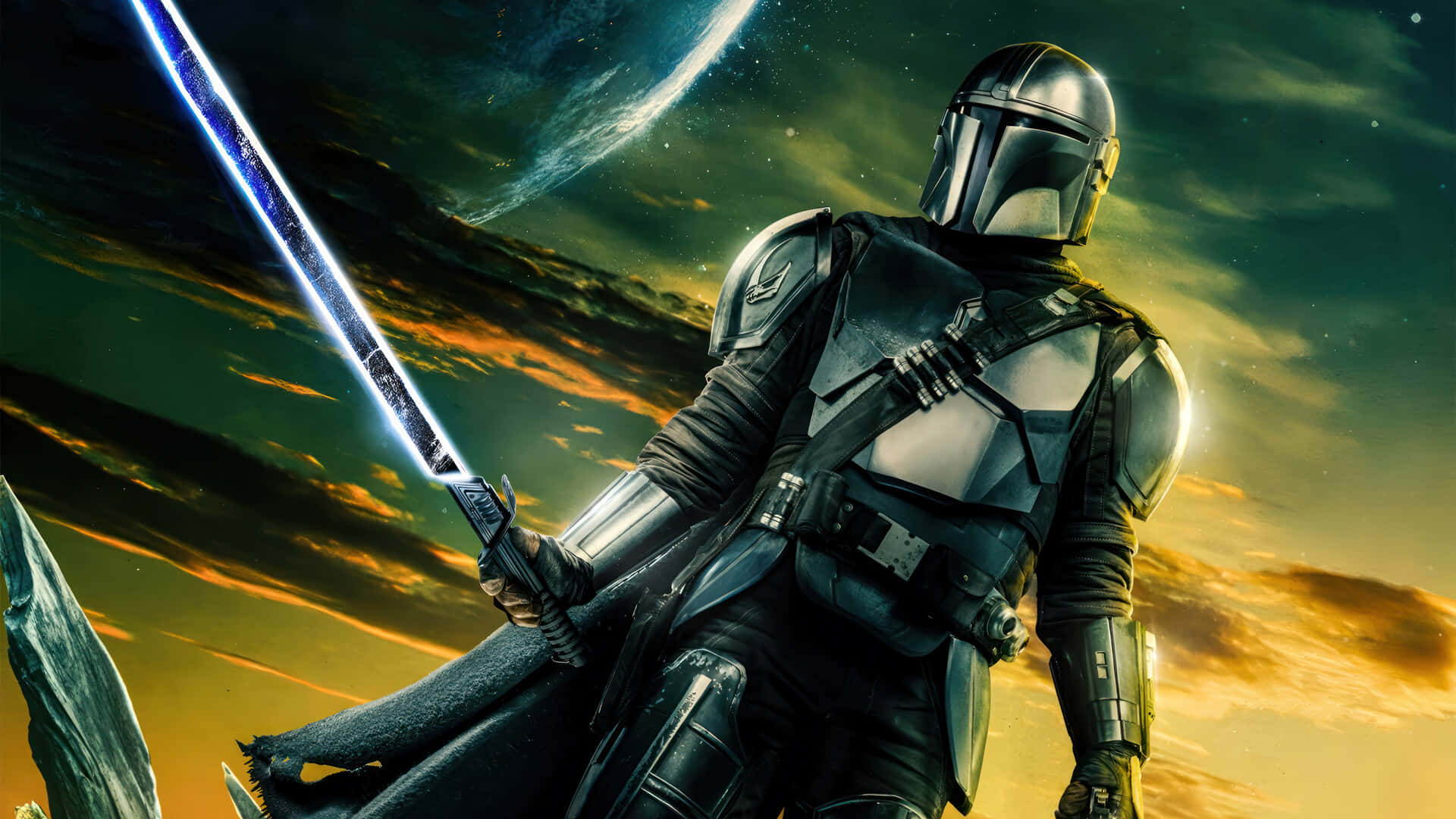 Mandalorian Season 3, blue lightsaber, dramatic sunset sky, Full HD Desktop Wallpaper