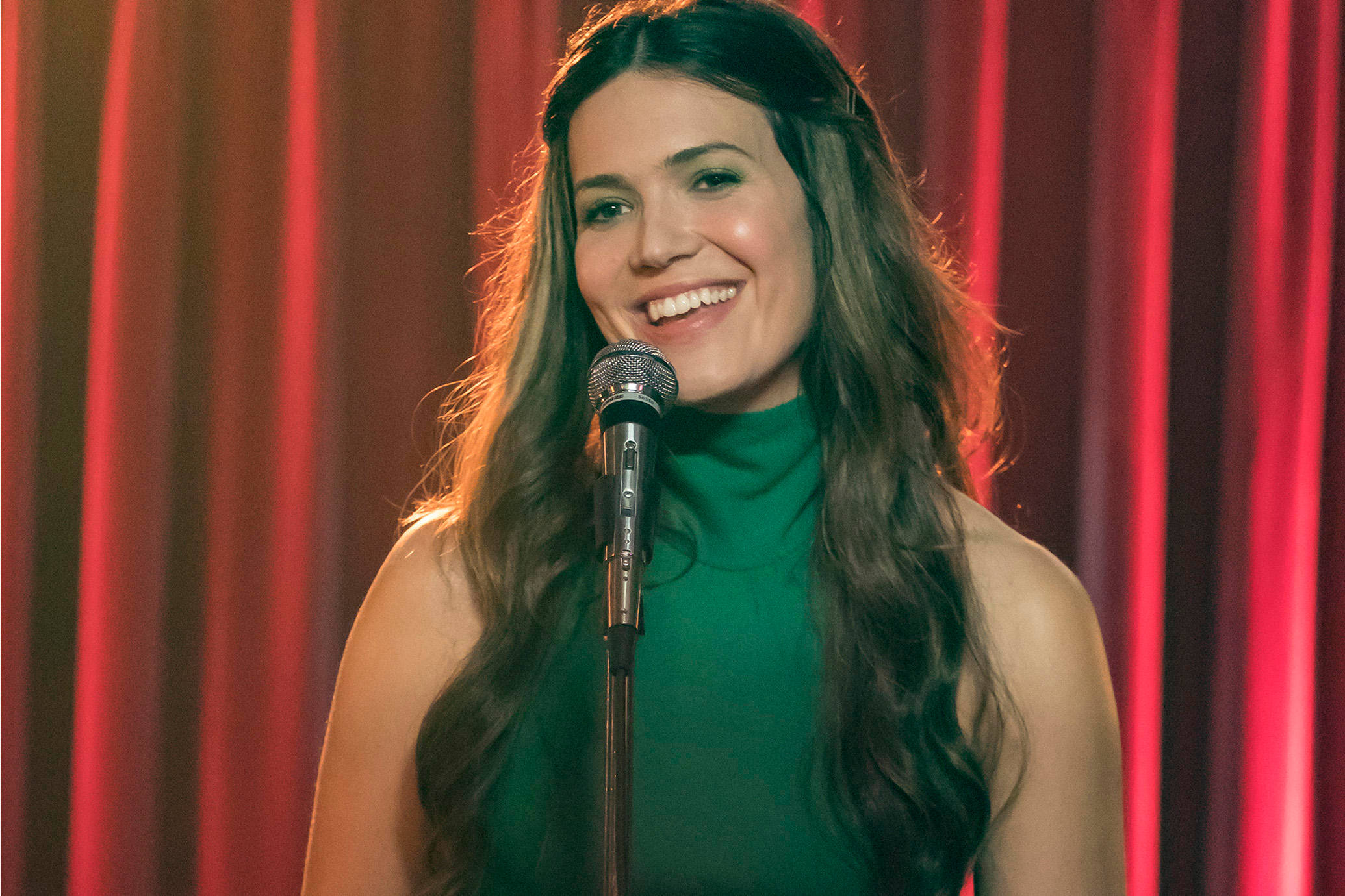 Mandy Moore, green dress, green turtleneck, Full HD Desktop Wallpaper