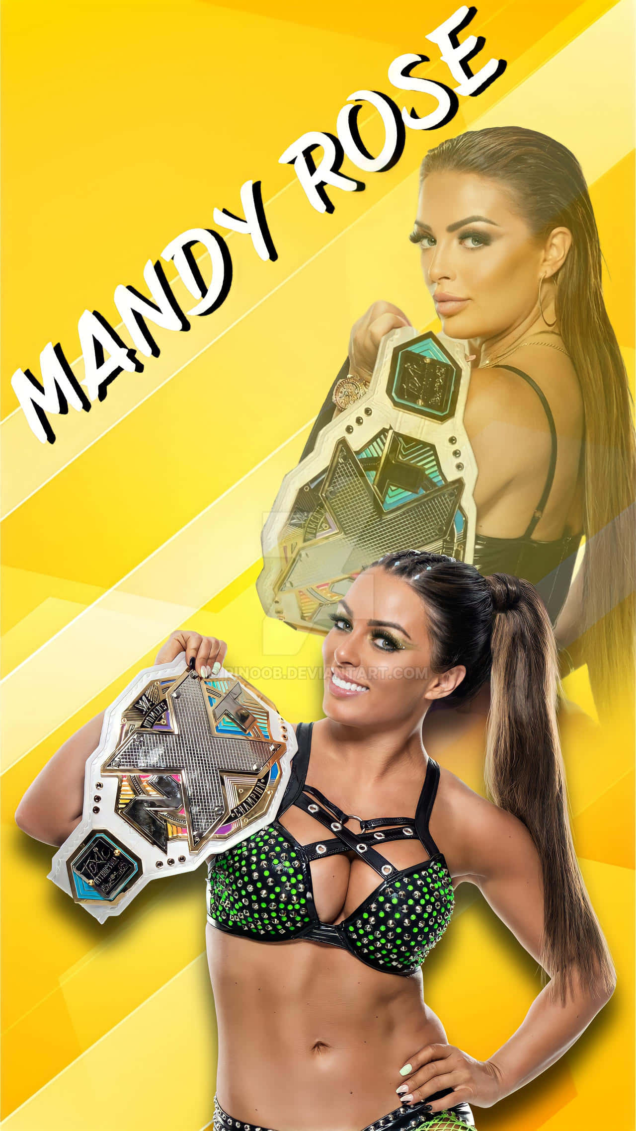 Mandy Rose, championship belt, vibrant yellow geometric background, Full HD Phone Wallpaper
