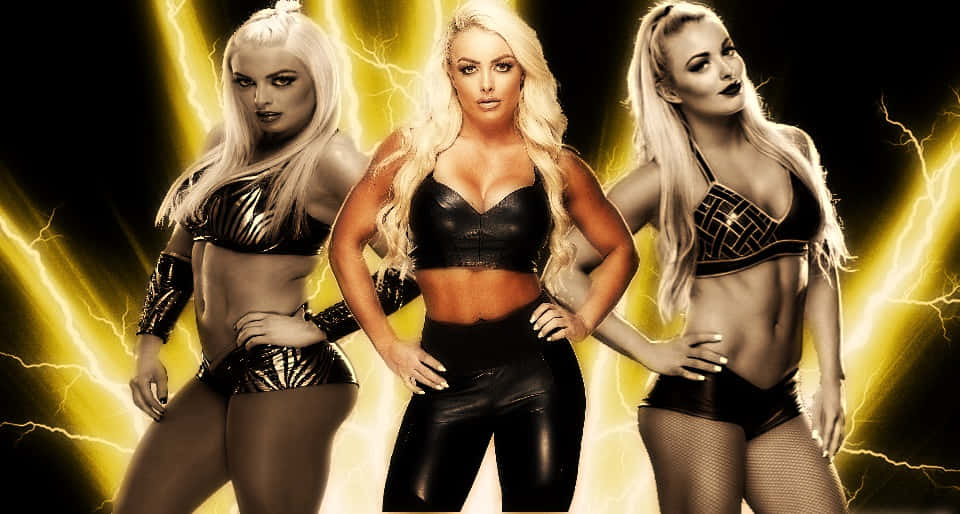 Mandy Rose, black leather outfits, vibrant yellow lightning bolt background, SD Desktop Wallpaper