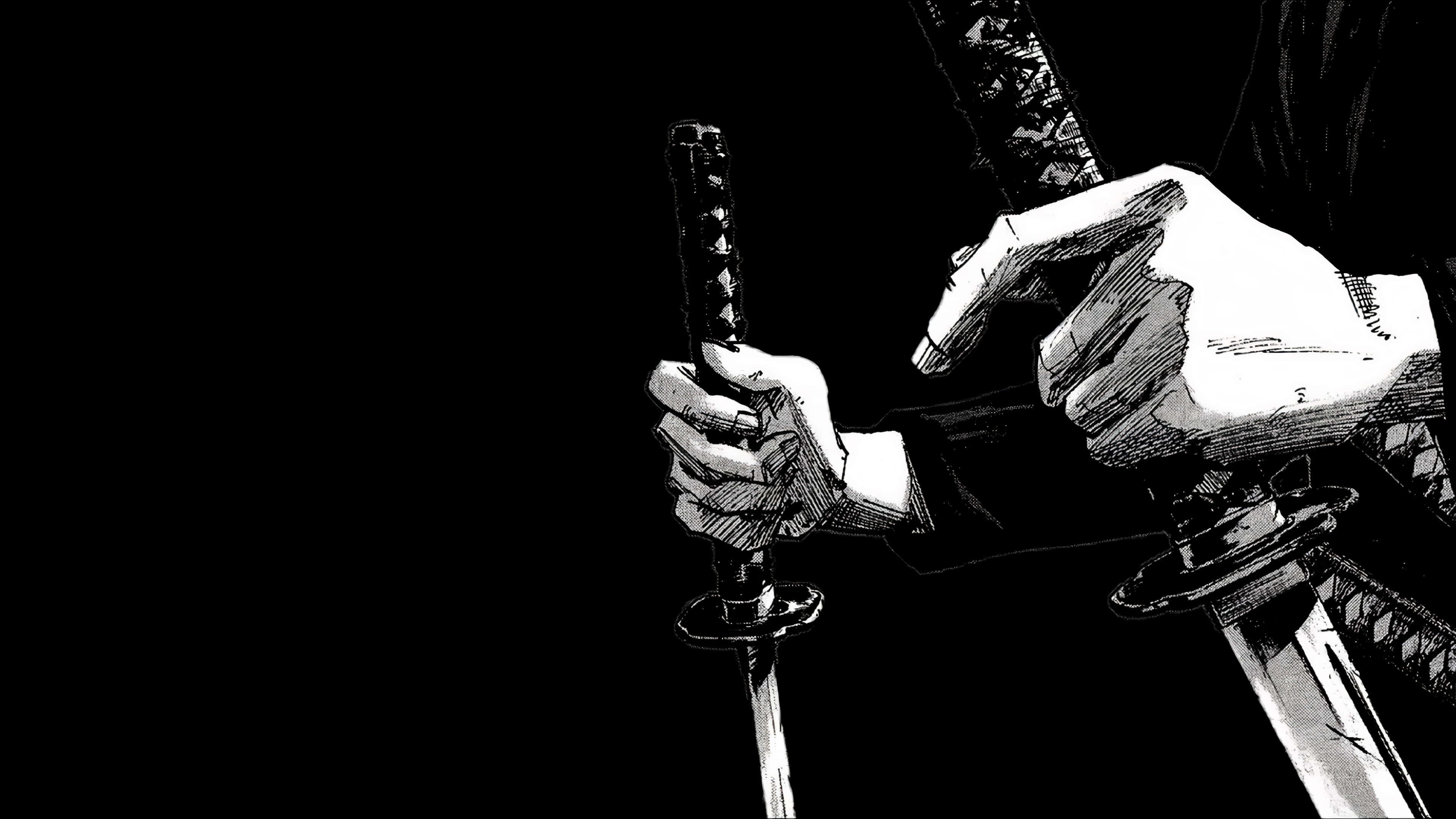 aesthetic manga boy sketch, black and white, ornate katana hilts, 4K Desktop Wallpaper