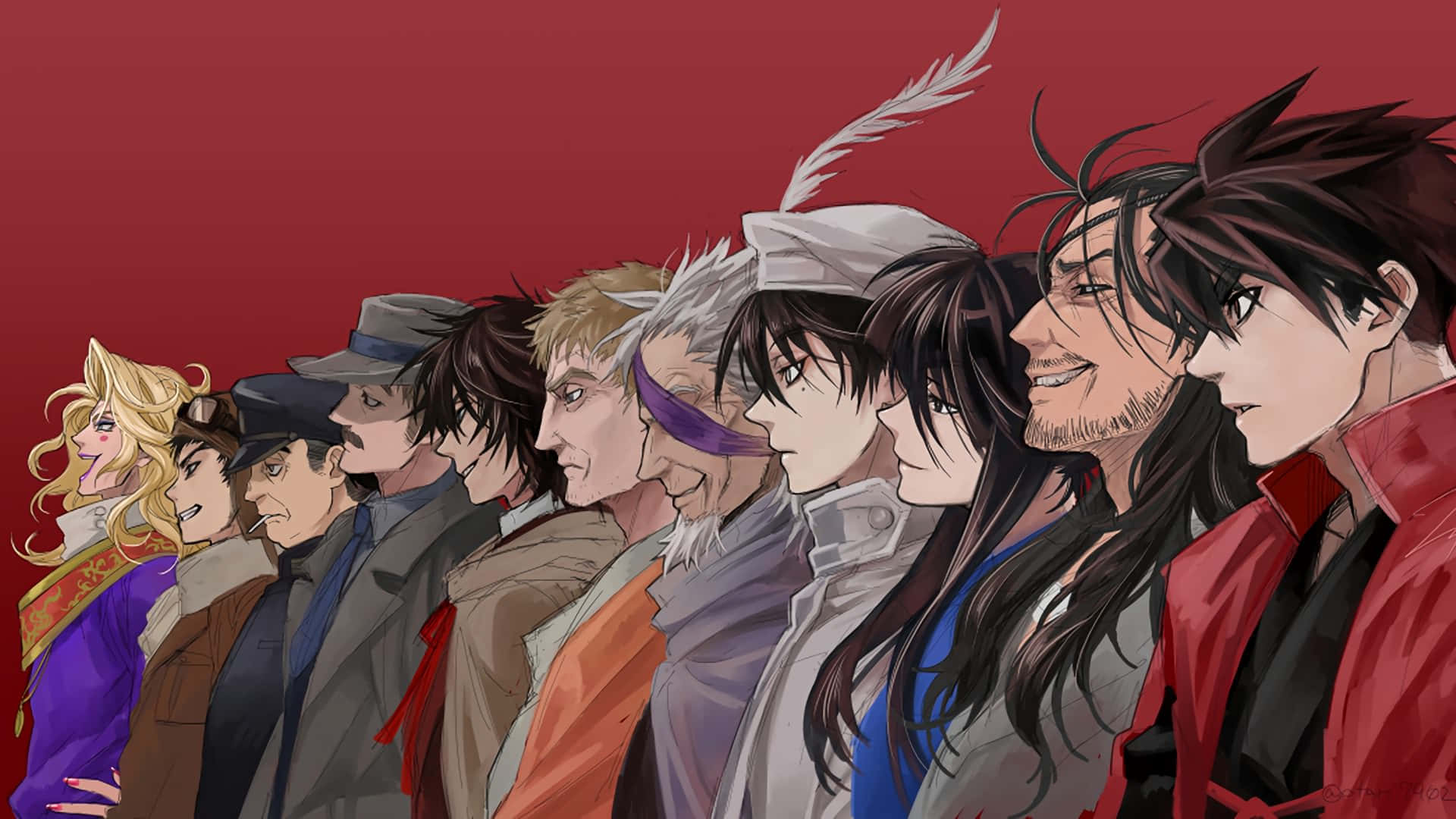 manga characters, anime characters, solid red background, Full HD Desktop Wallpaper