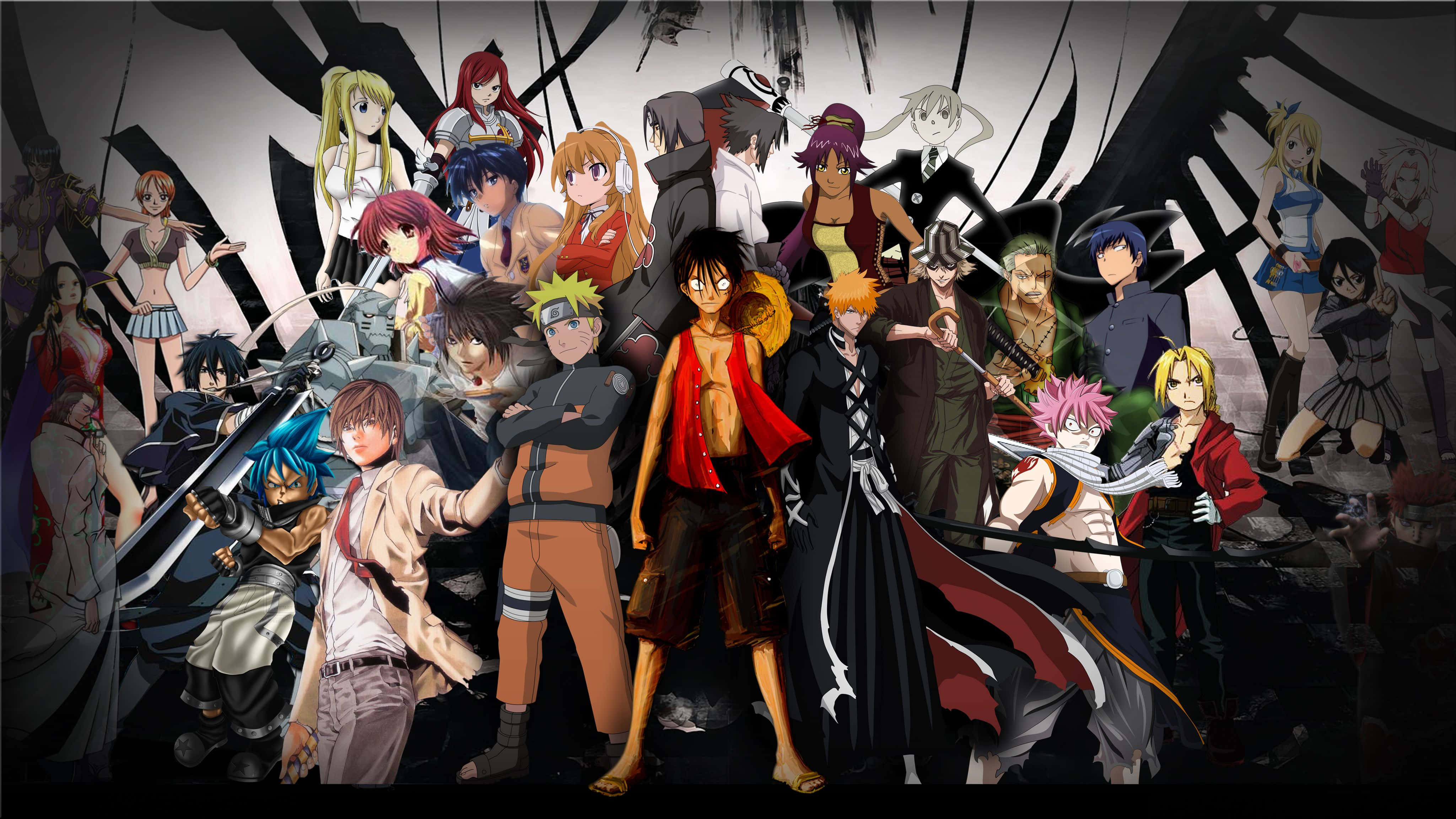 manga characters, anime collage, shattered black and white background, 4K Desktop Wallpaper
