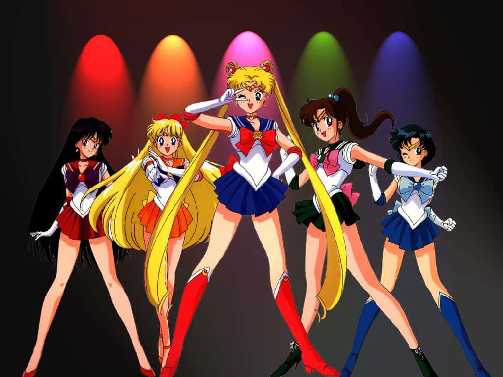 manga characters, sailor uniforms, colorful stage spotlights, SD Desktop Wallpaper