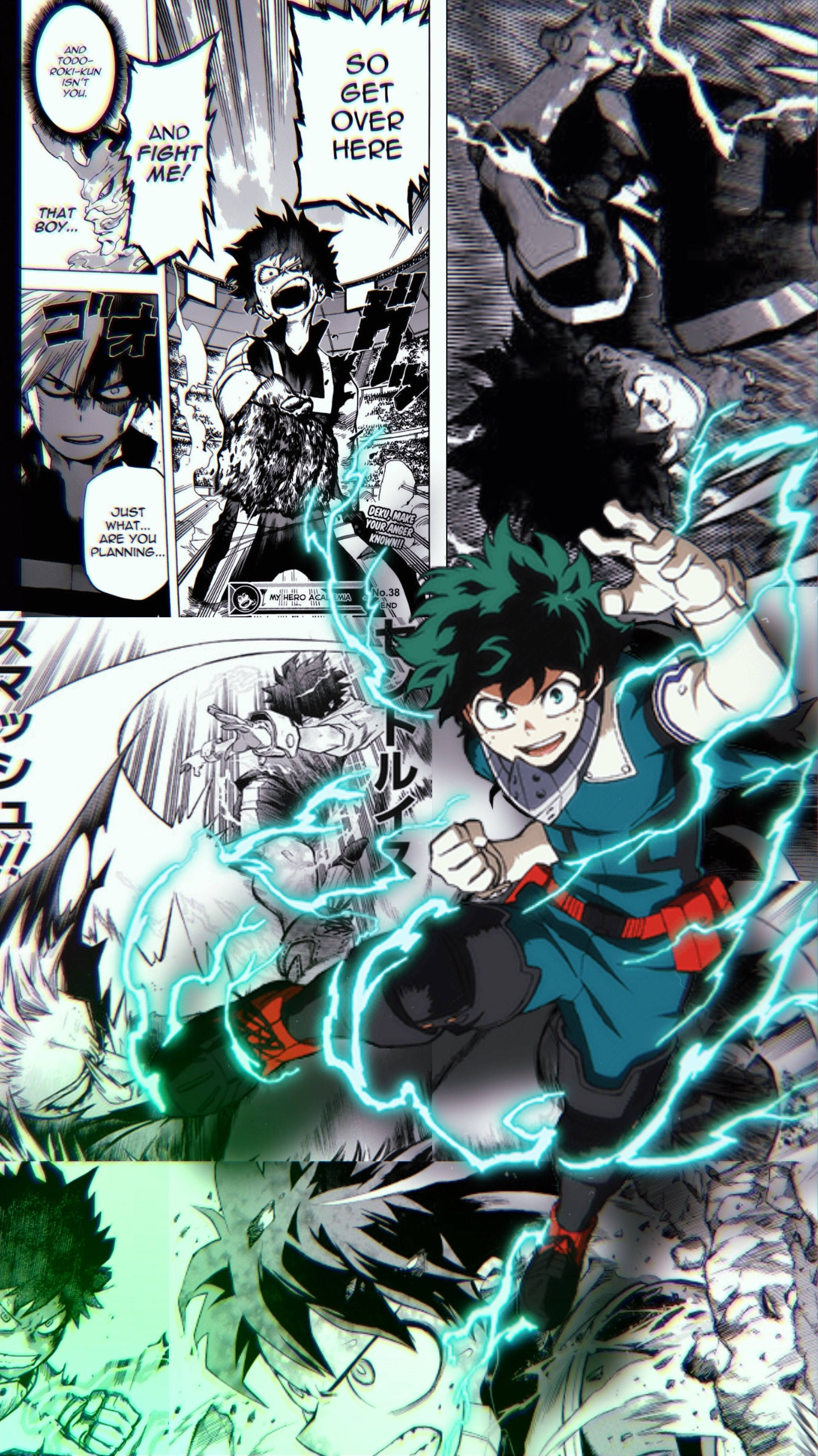 manga iPhone, green-haired hero, electric energy, 4K Phone Wallpaper