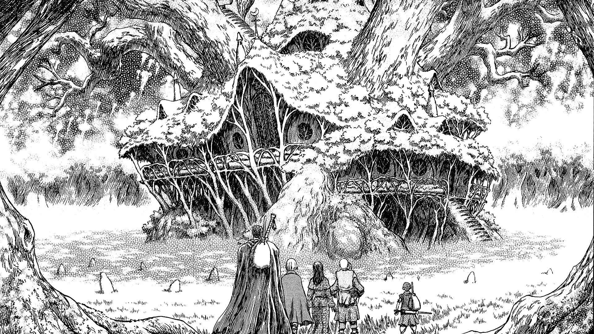 colossal treehouse, dense forest, intricate black and white line art, Full HD Desktop Wallpaper