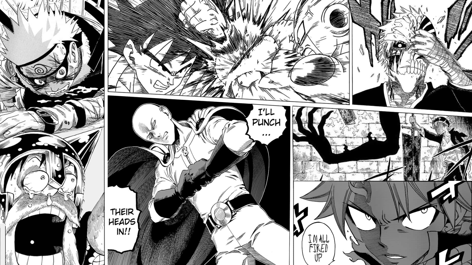 manga book, black and white manga panels, intense combat scenes, Full HD Desktop Wallpaper