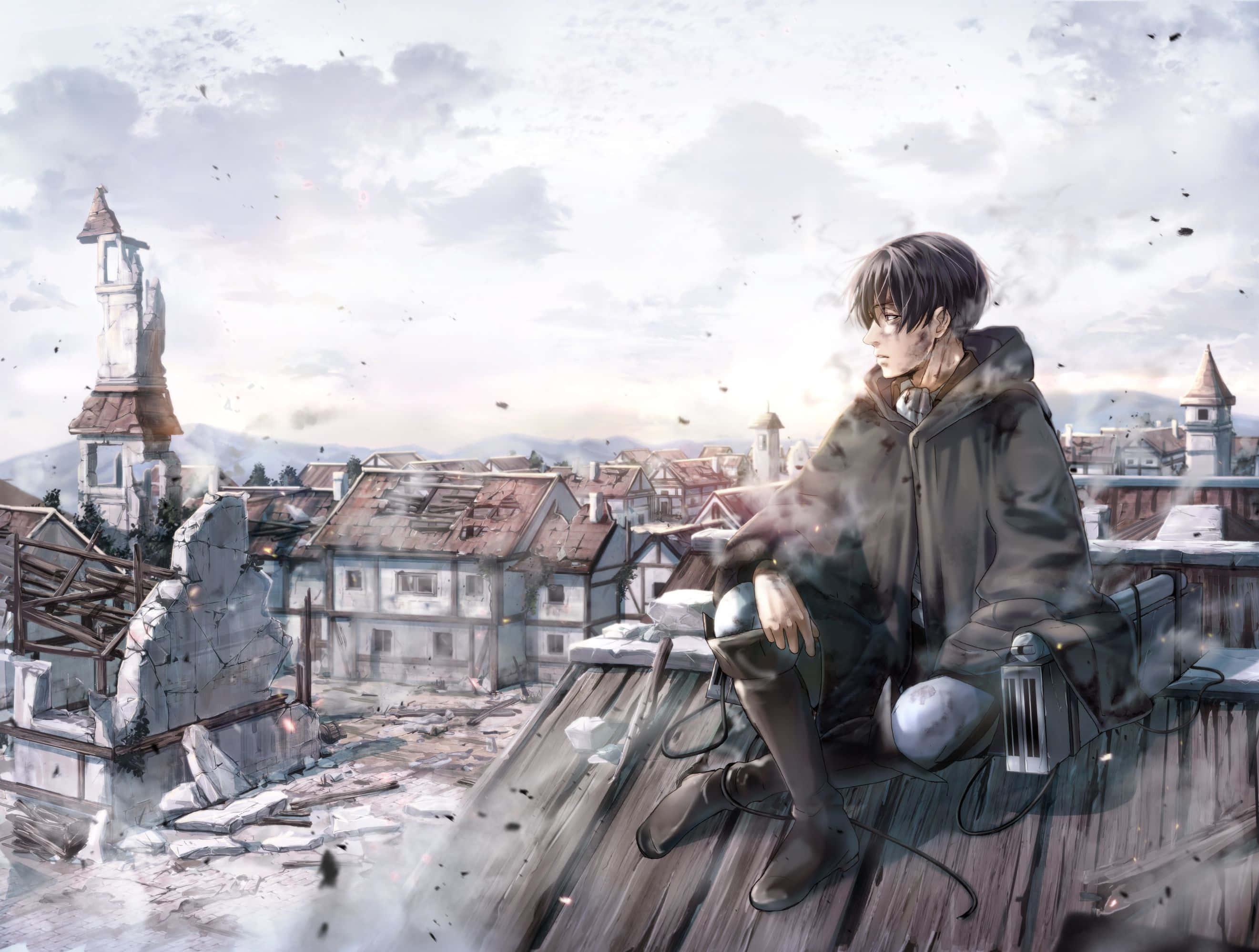 Manga Series, young man, ruined rooftop, 2K Desktop Wallpaper