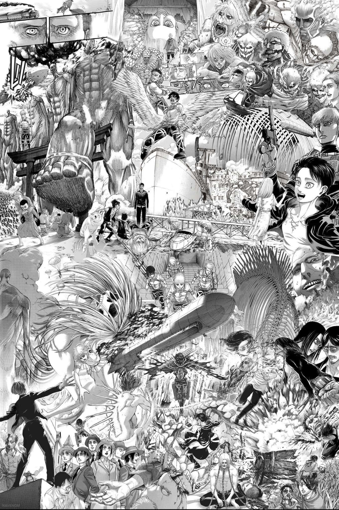 manga series, black and white manga collage, giant humanoid titans, Full HD Phone Wallpaper