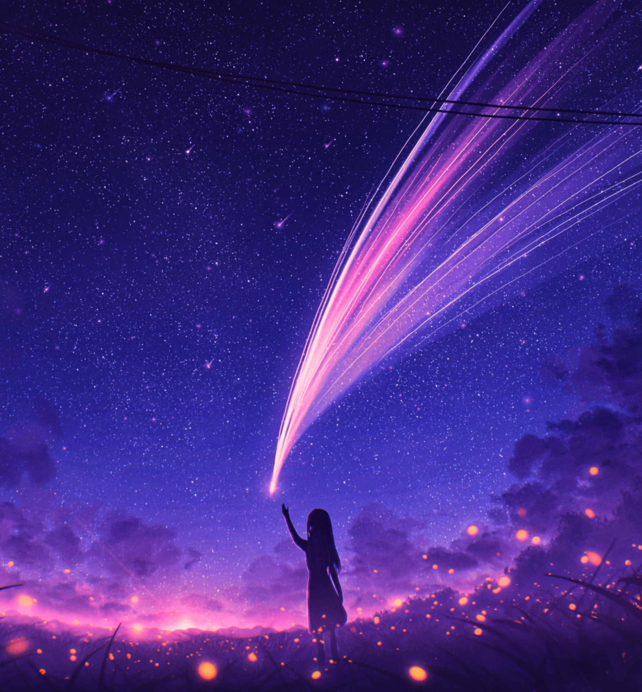manga universe 2088, vibrant purple comet, starry night sky, Full HD Phone Wallpaper
