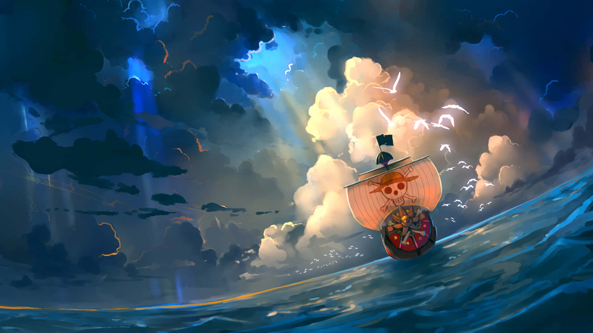 Manga Universe, pirate ship, skull flag, Full HD Desktop Wallpaper