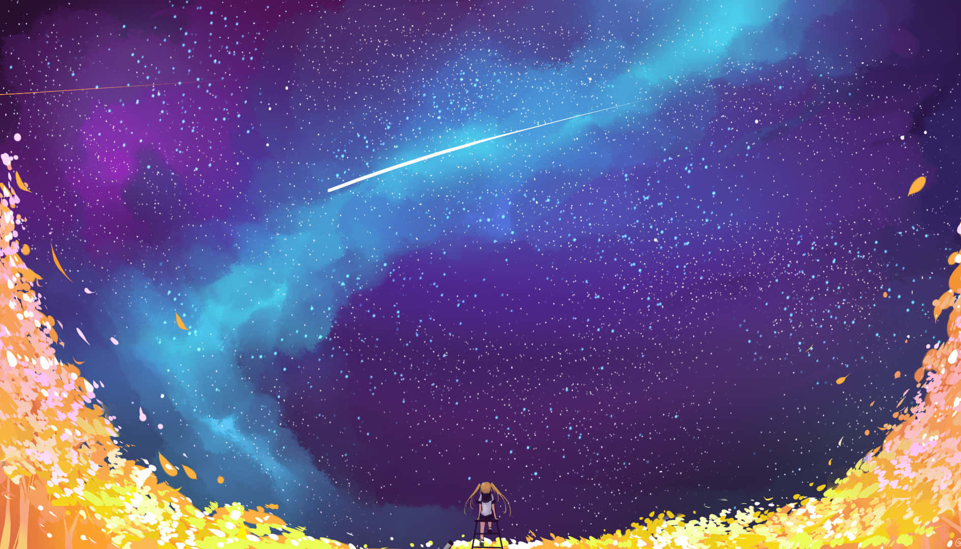 manga universe, vibrant purple and teal starry sky, bright meteor, HD Desktop Wallpaper
