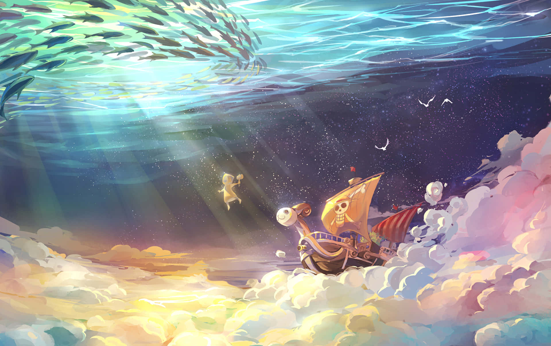 Manga Universe, pirate ship, clouds, Full HD Desktop Wallpaper