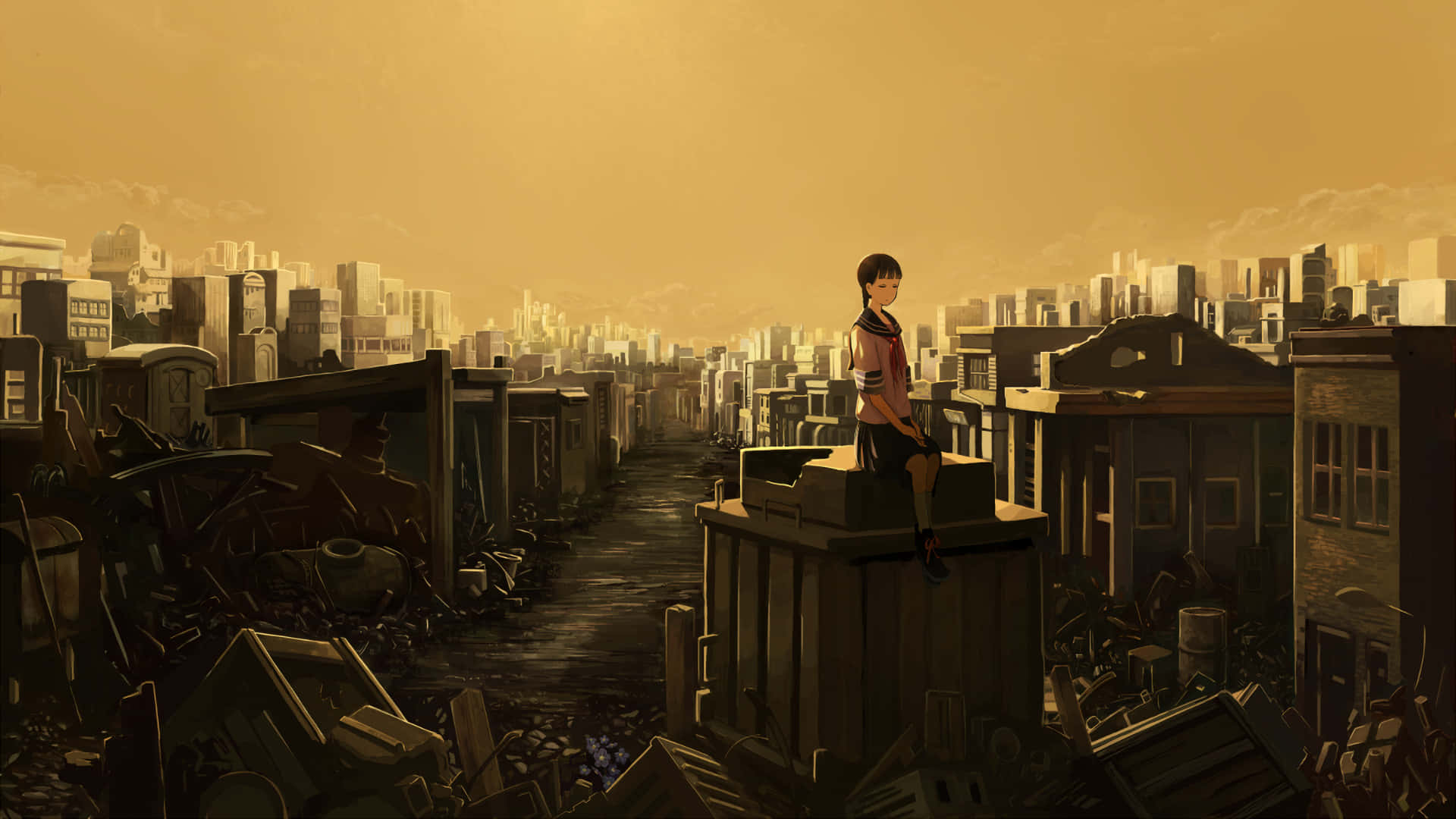 Manga Universe, golden sunset, lone girl, Full HD Desktop Wallpaper