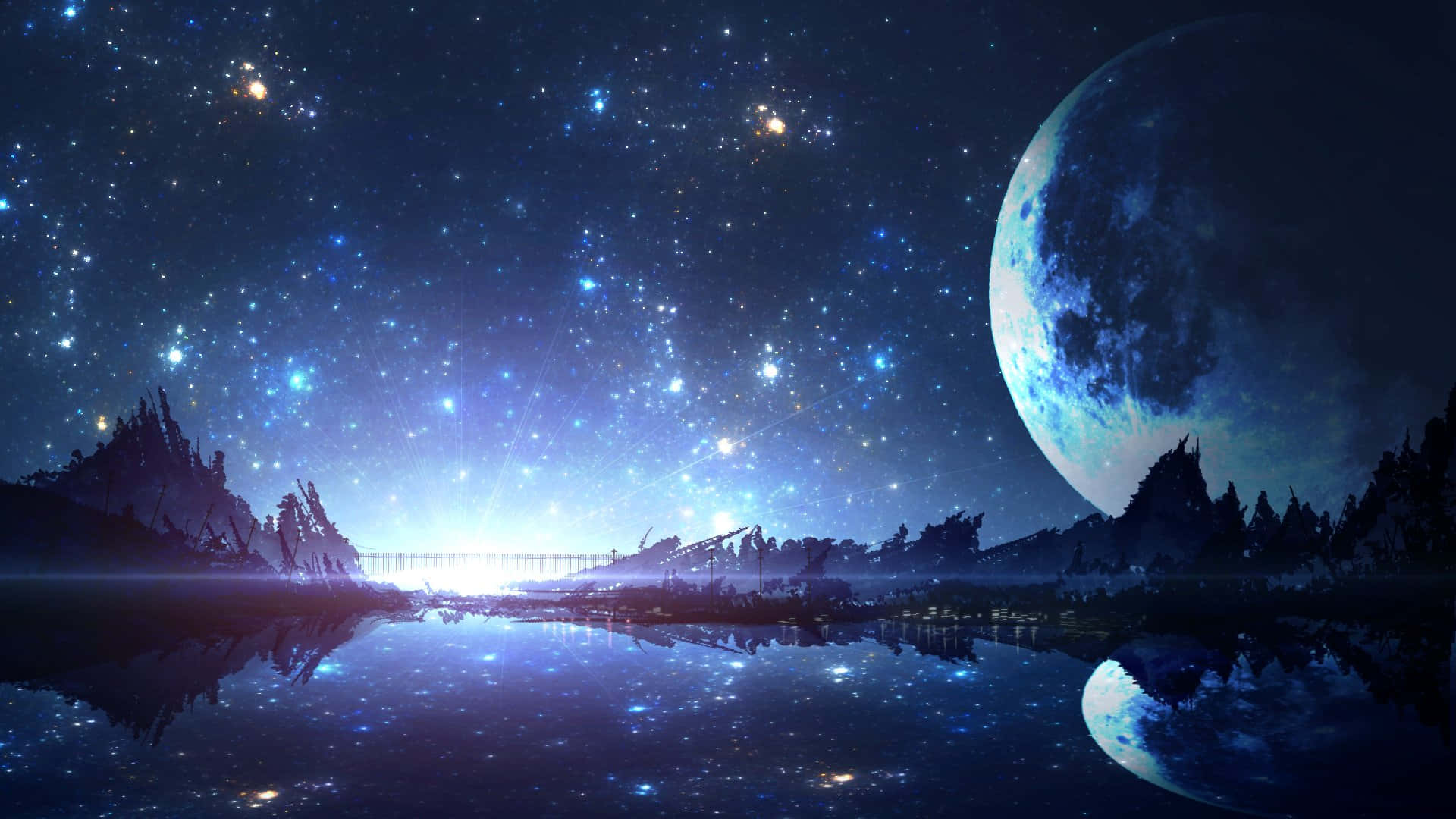 Manga Universe, night, giant moon, Full HD Desktop Wallpaper
