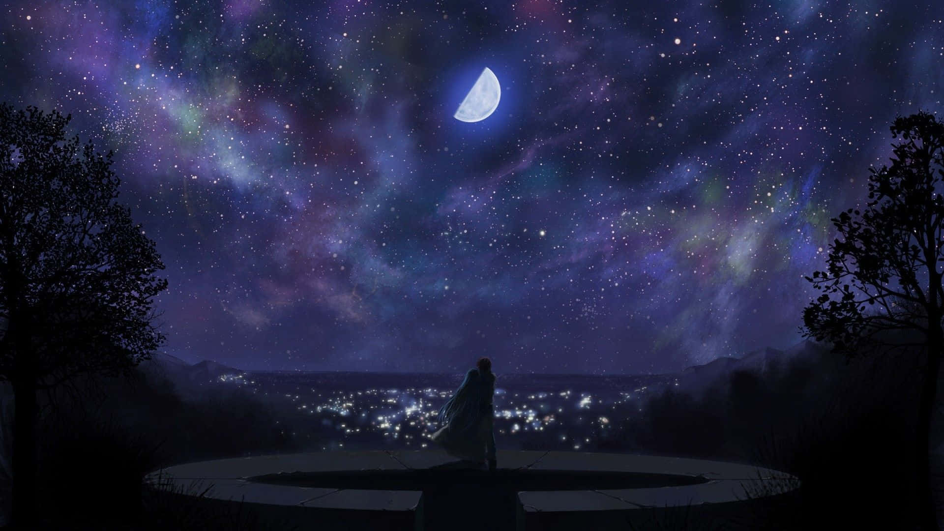Manga Universe, circular platform, vibrant starry night sky, Full HD Desktop Wallpaper