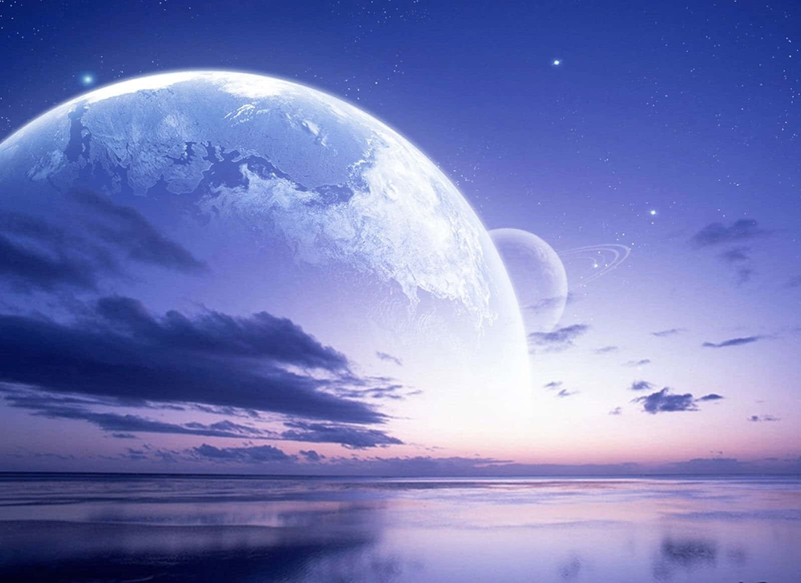 Manga Universe, twilight seascape, giant glowing planet, HD Desktop Wallpaper
