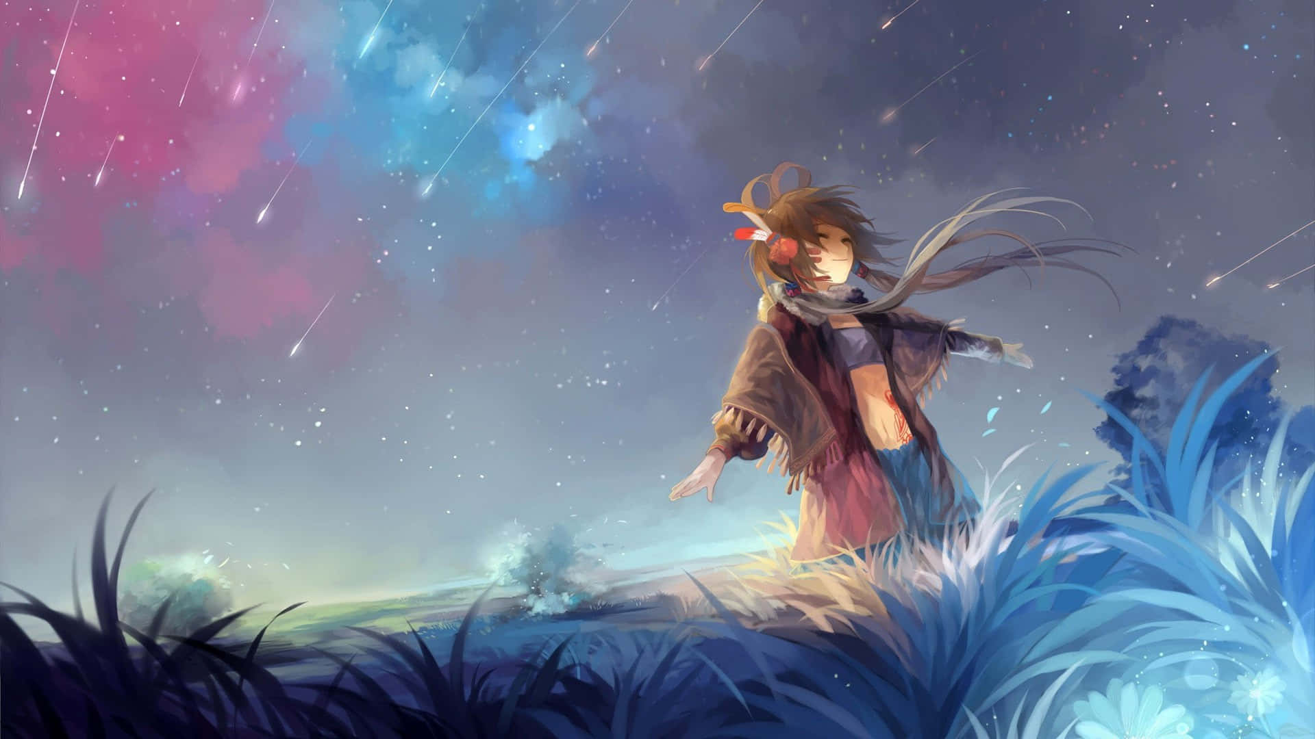 Manga Universe, glowing blue grass, vibrant starry sky, Full HD Desktop Wallpaper
