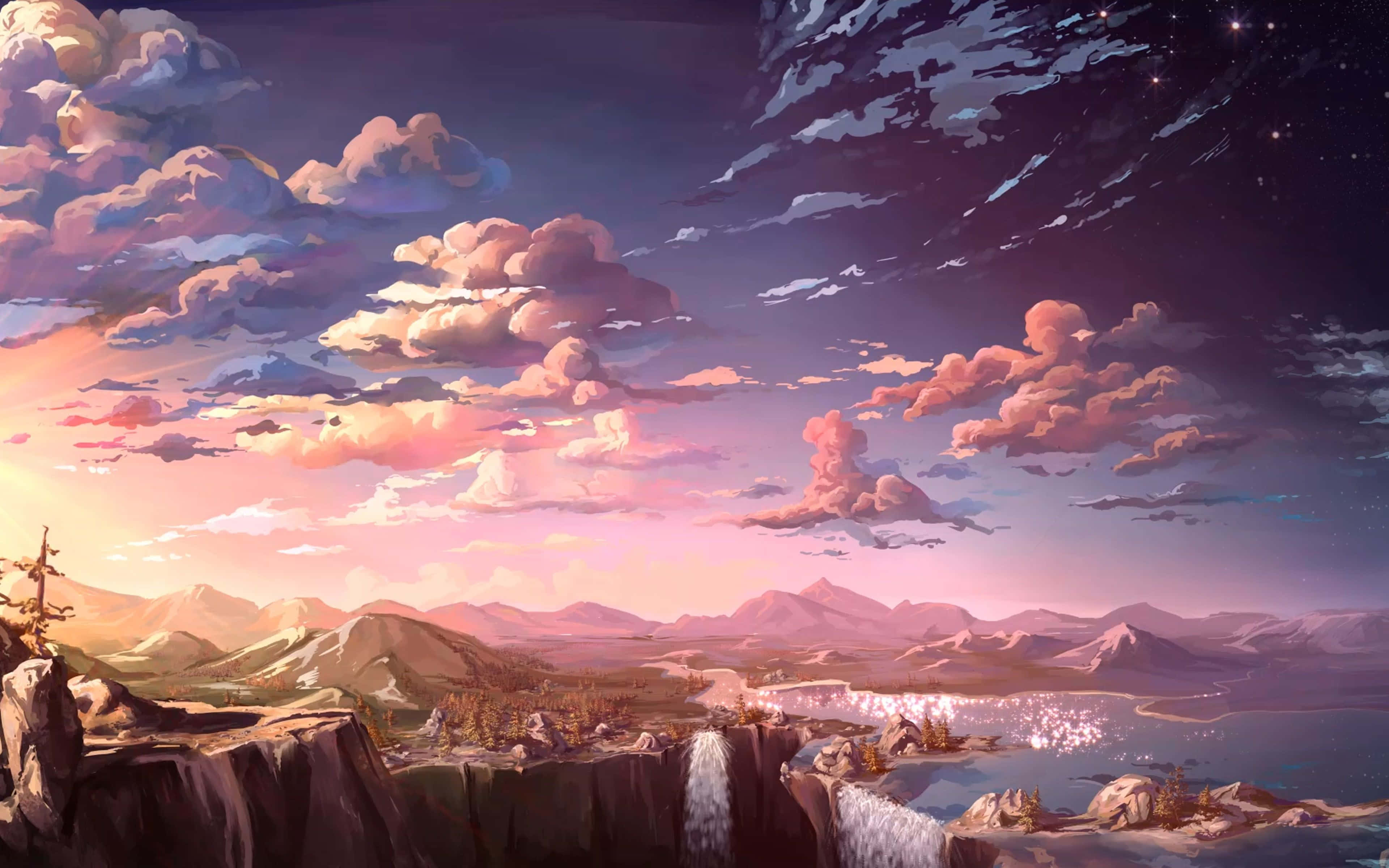 Manga Universe, twilight landscape, pink clouds, 4K Desktop Wallpaper