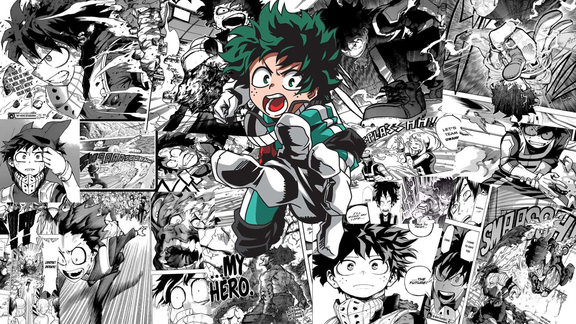 manga pages, black and white manga collage, determined green-haired hero, Full HD Desktop Wallpaper